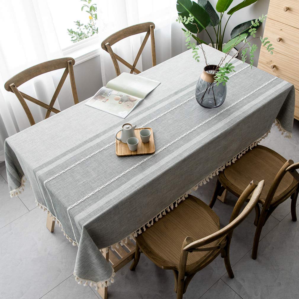 Premium Cotton Linen Tablecloth - Wrinkle-Free, Tassel Trim, Striped Gray Rectangle (55