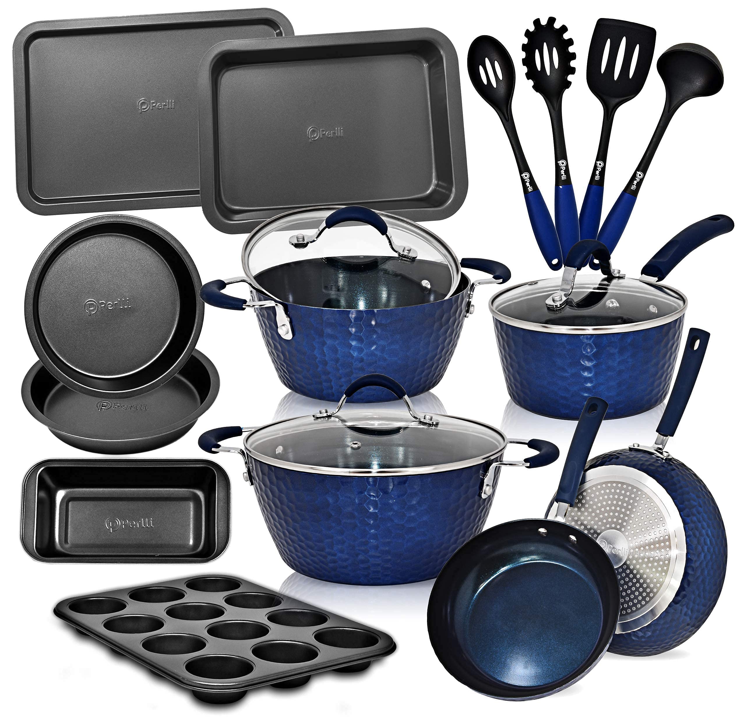 PERLLI 18-Piece Nonstick Ceramic Cookware & Bakeware Set – Hammered Aluminum, Healthy Coating, Durable Kitchen Essentials (Frying Pans, Stock Pot, Baking Sheet, Utensils) for Everyday Cooking & Baking | Perfect for Family Meals, Holiday Baking & Professional Chefs