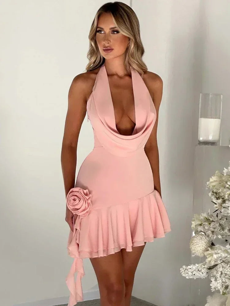 3D Floral Applique Ruffle Halter Mini Dress - Pink & Black Cowl Neck Backless Party Dress for Women | Perfect for Birthday Parties, Clubbing & Night Out