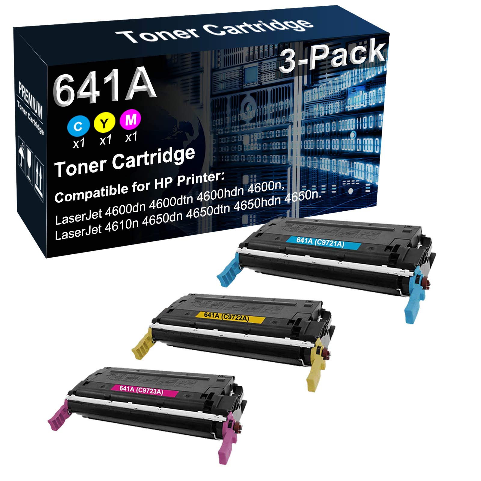 3-Pack (Cyan, Yellow, Magenta) High-Capacity 641A (C9721A/C9722A/C9723A) Compatible Toner Cartridge for HP LaserJet 4600hdn/4600n/4610n/4650hdn/4650n Printers - Ideal for Office & Home Printing Needs
