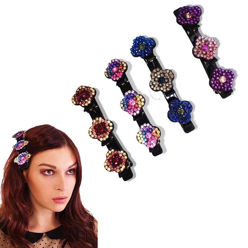 FAMEZA 4PCS Rhinestone Hair Clips Set - Sparkling Crystal Braided Hairpins with 3 Small Clips, Elegant Four-Leaf Clover Satin Design for Women & Girls | Perfect for Weddings, Parties, Prom and Daily Styling