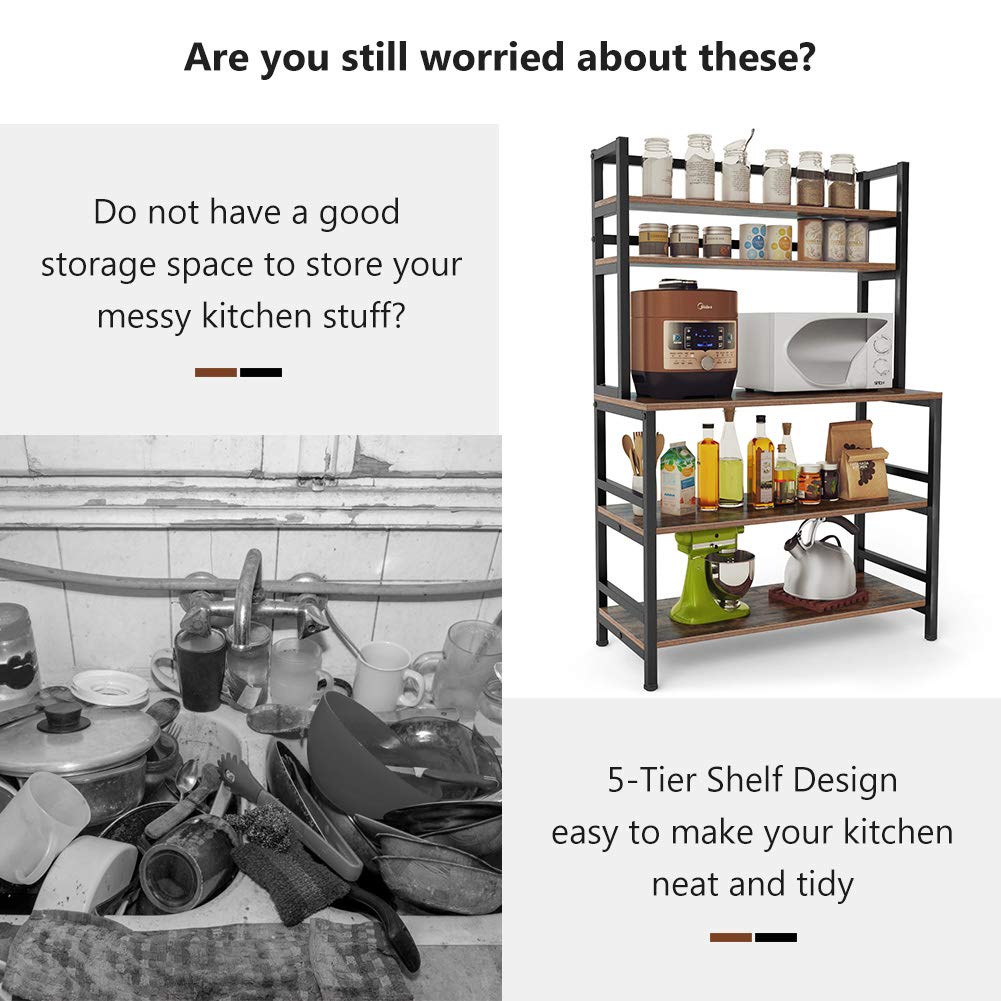 Tribesigns 5-Tier Kitchen Bakers Rack with Hutch - Industrial Microwave Stand, Free Standing Kitchen Cart with Storage Shelf Organizer in Rustic Brown - Perfect for Small Kitchen, Pantry Organization & Baking Supplies Storage