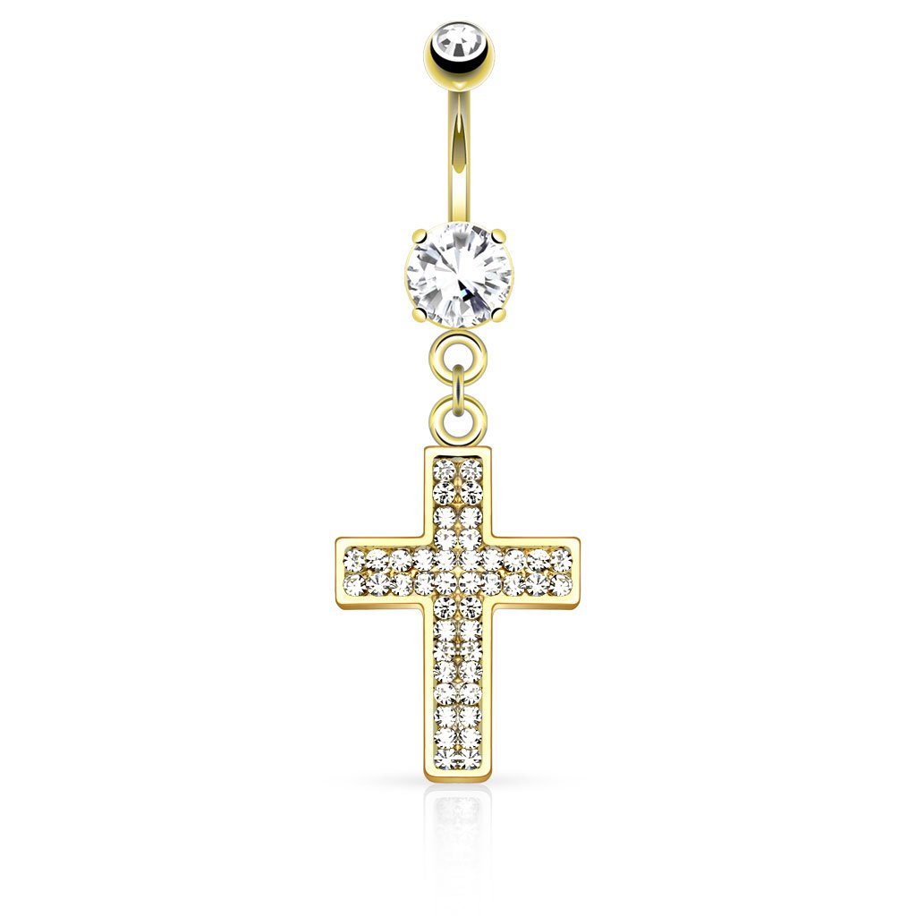 14GA Crystal Paved Cross Dangling Belly Button Ring - Pierced Owl Body Jewelry for Women | Perfect for Belly Piercing, Navel Rings & Body Piercing Fashion Accessories