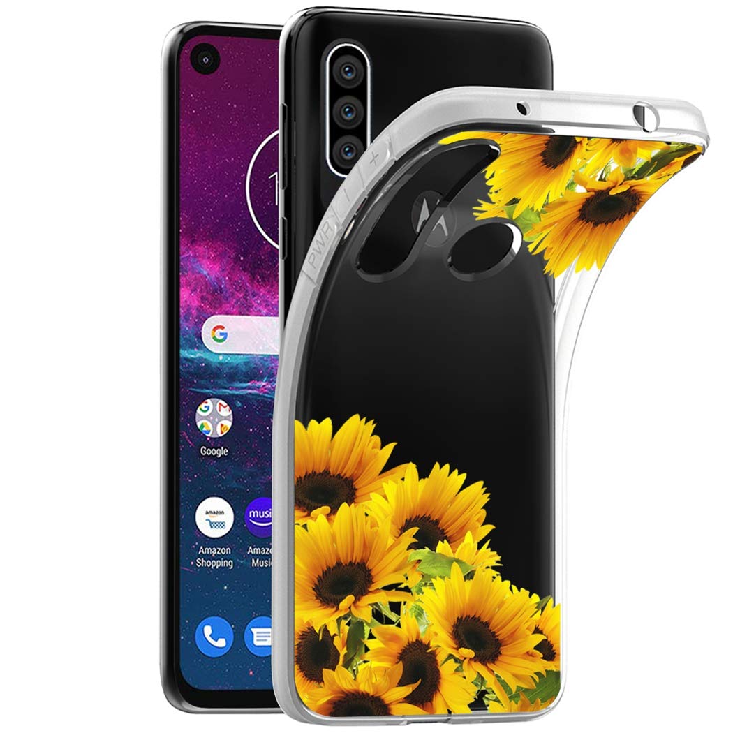 Cute Clear Slim Shockproof Sunflower Pattern Soft TPU Rubber Phone Case for Motorola Moto One Action/P40 Power - Protective Cover for Women & Girls - Perfect for Everyday Use, Work, and Travel