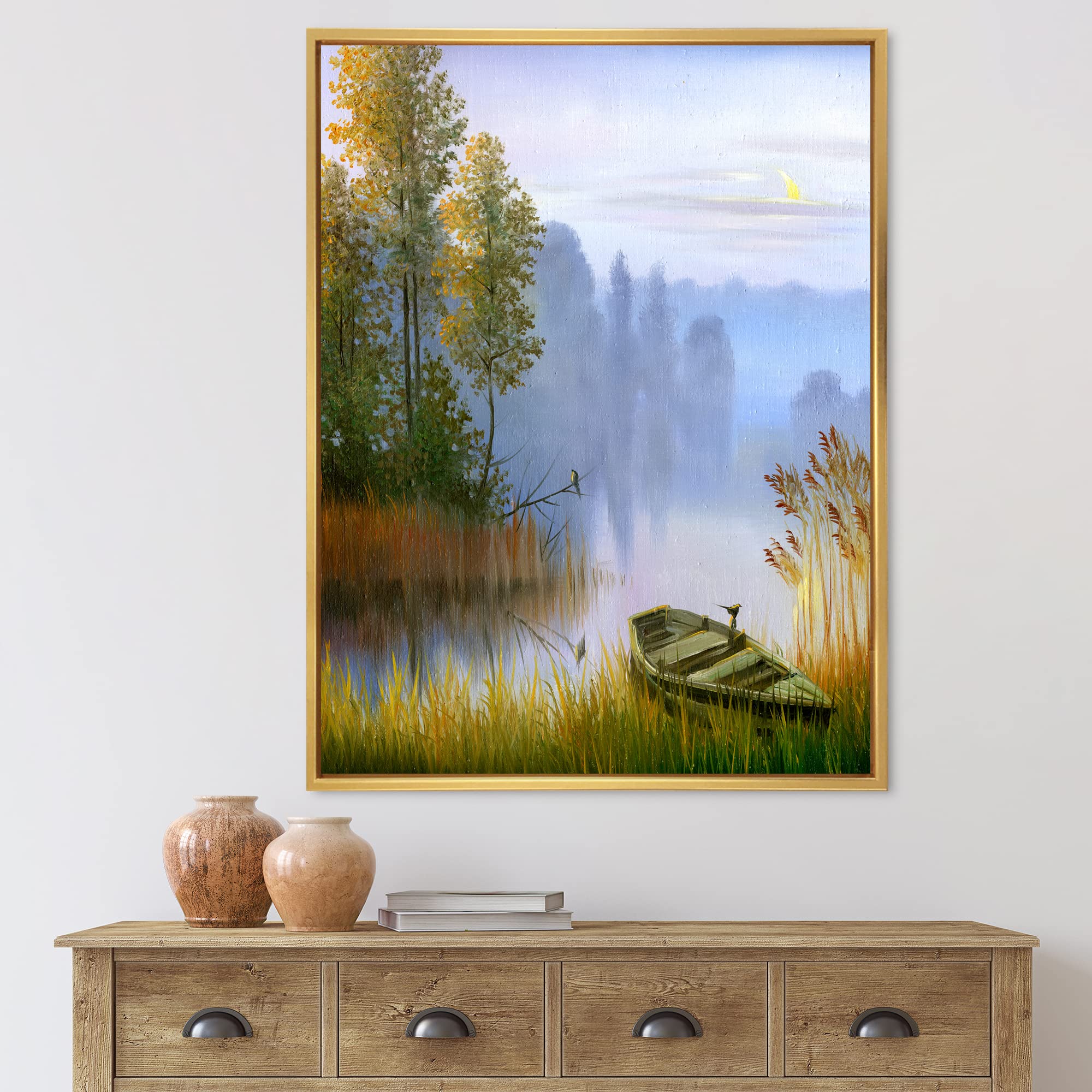 Traditional Framed Canvas Wall Art Print - Lakeside Boat Landscape Painting for Living Room, Bedroom & Office Decor