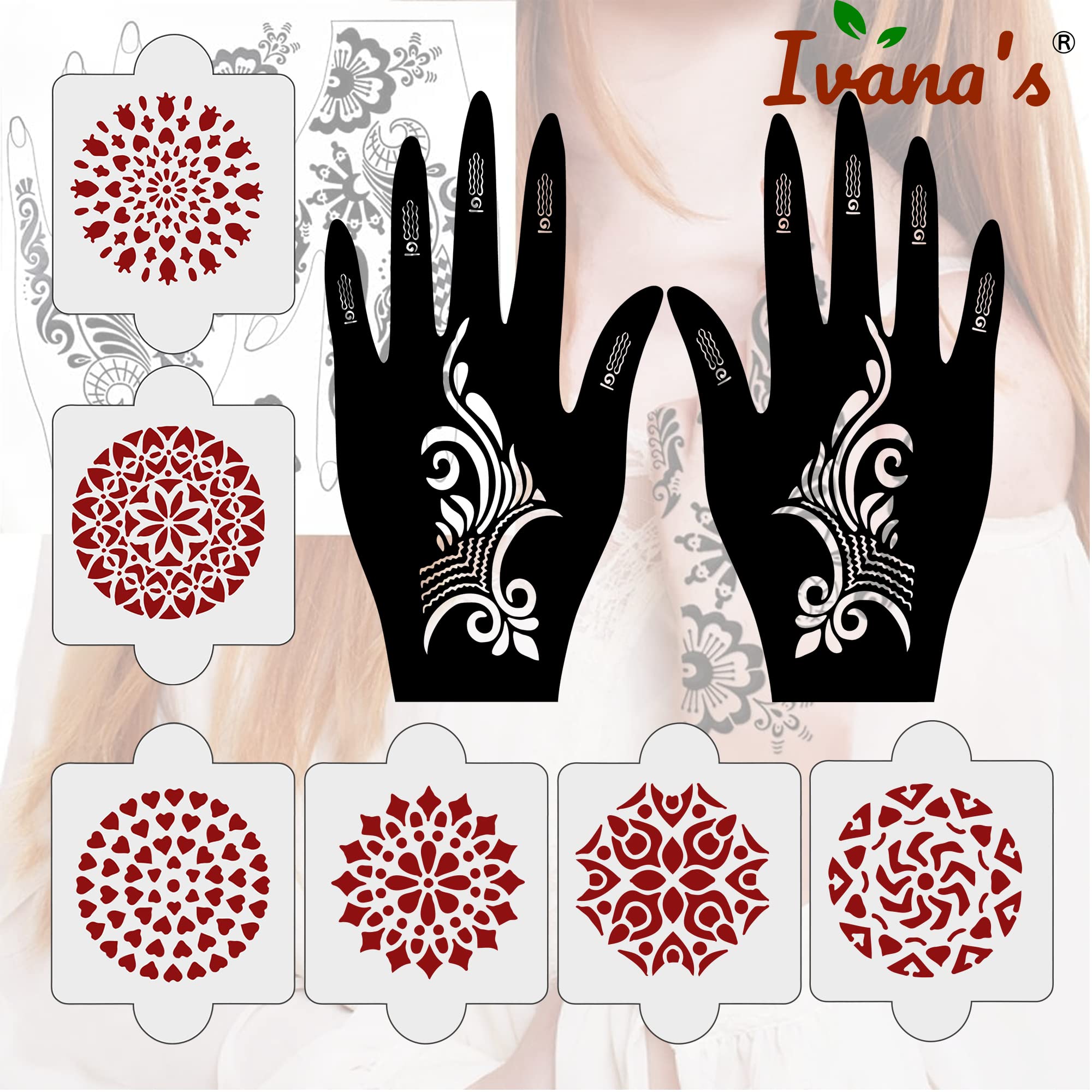 8-Piece Henna Tattoo Stencil Kit (2 Henna Stencils + 6 Reusable PVC Laser-Cut Stencils) - Full Hand Mehndi Designs for Women, Girls & Kids - Easy Application for Parties, Weddings & Festivals - IVH-10