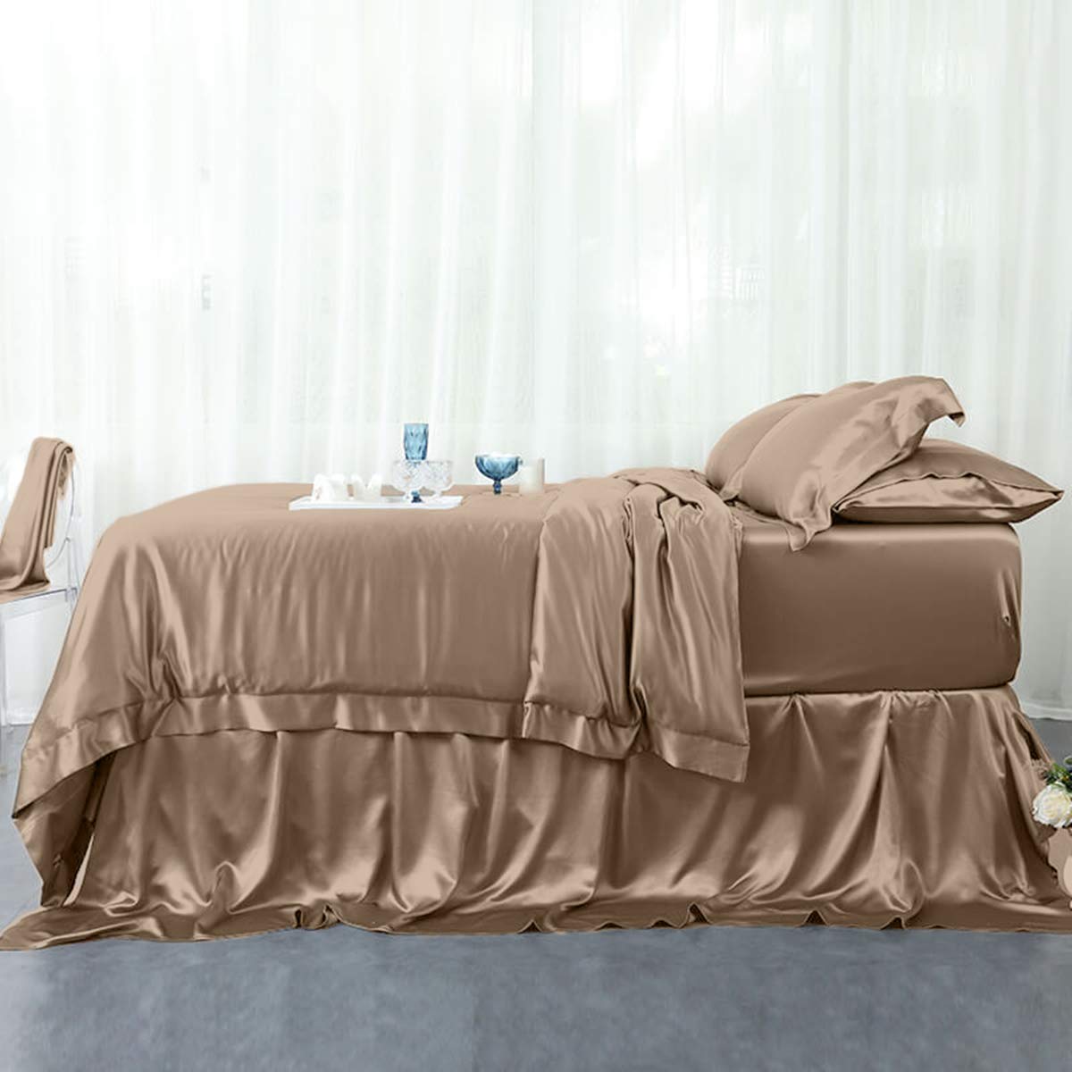 Orose 25 Momme 100% Pure Mulberry Silk Duvet Cover - King Size Luxury Bedding Set, Light Coffee | Hypoallergenic & Temperature Regulating for All-Season Comfort