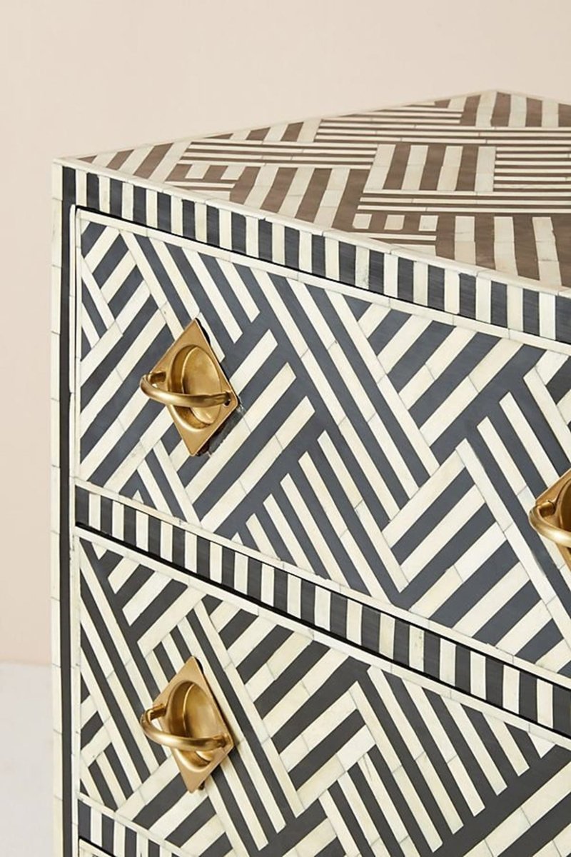 Handmade Bone Inlay 6-Drawer Black Chest - Vintage Boho Storage Cabinet for Bedroom, Living Room & Office Organization