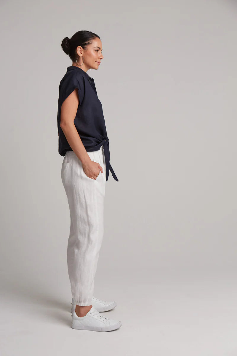 Women's Navy Blue Tie Front Linen Shirt - Breathable Summer Blouse for Casual Outings & Beach Wear