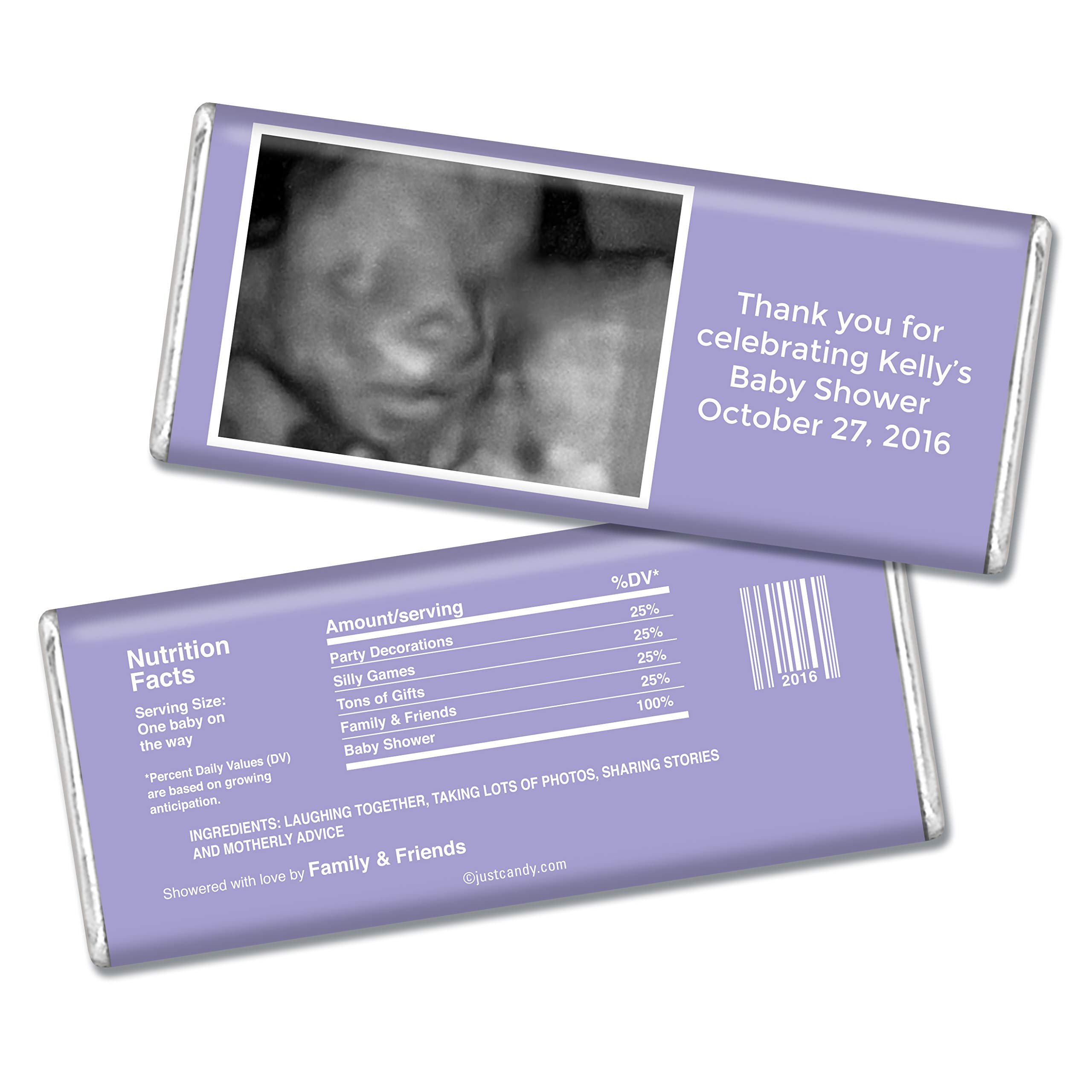 Personalized Baby Shower Favors - 24 Pack Custom Chocolate Bars with Ultrasound Photo - Perfect for Gender Reveal, Newborn Celebration & Party Gifts - Lilac Purple Wrapped Treats