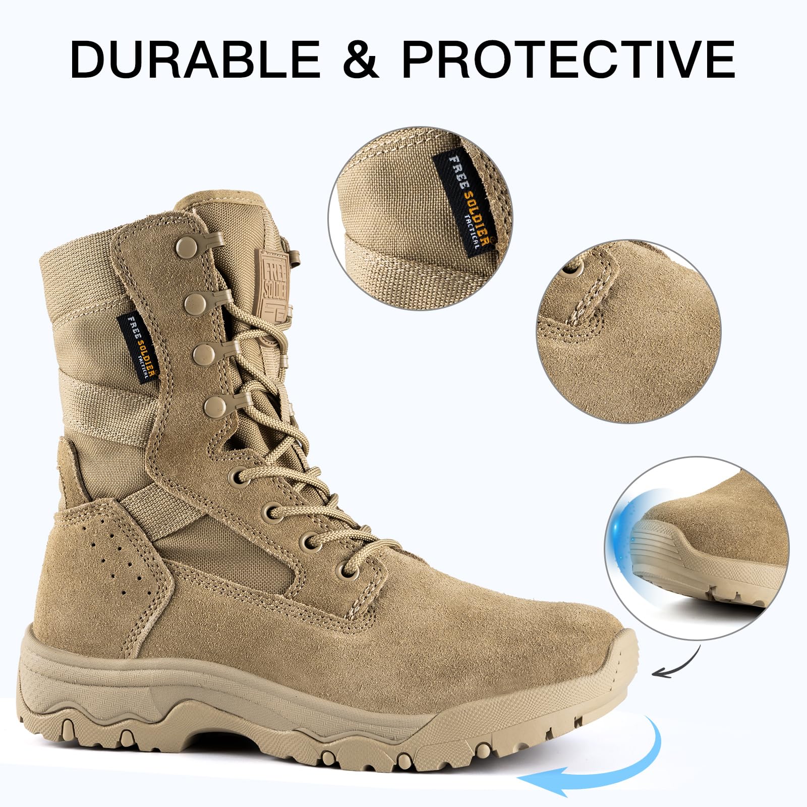 FREE SOLDIER Women's 8-Inch Tactical Boots - Lightweight Combat & Military Work Boots with Durable Suede Leather - Desert Outdoor Boots for Hiking, Camping & Work (Thin Tan 6)