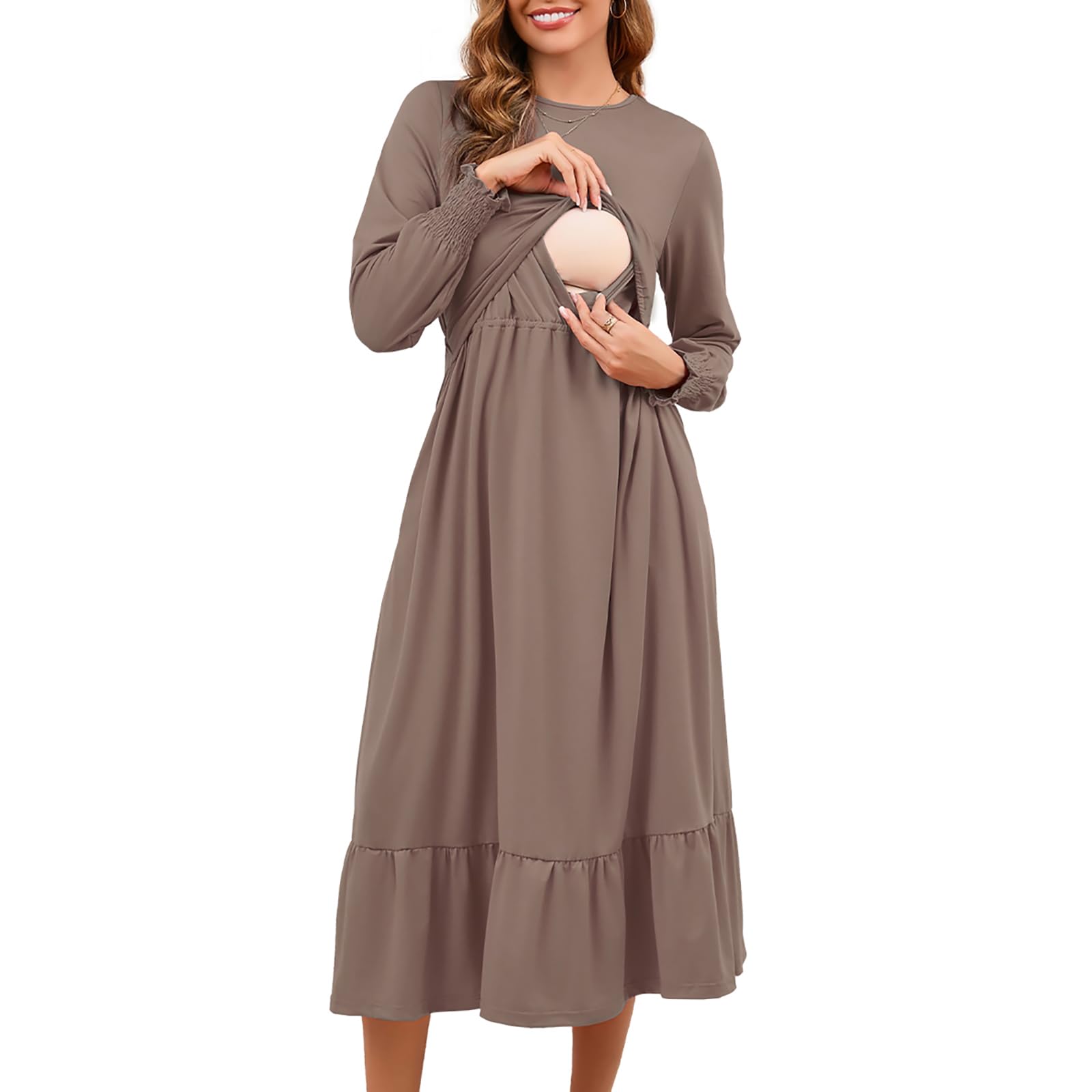 Maternity Nursing Dress for Women - Long Sleeve Crewneck Breastfeeding Dress with Pockets | Comfortable & Flowy Tiered Design for Nursing Moms | Perfect for Work, Outings & Everyday Wear