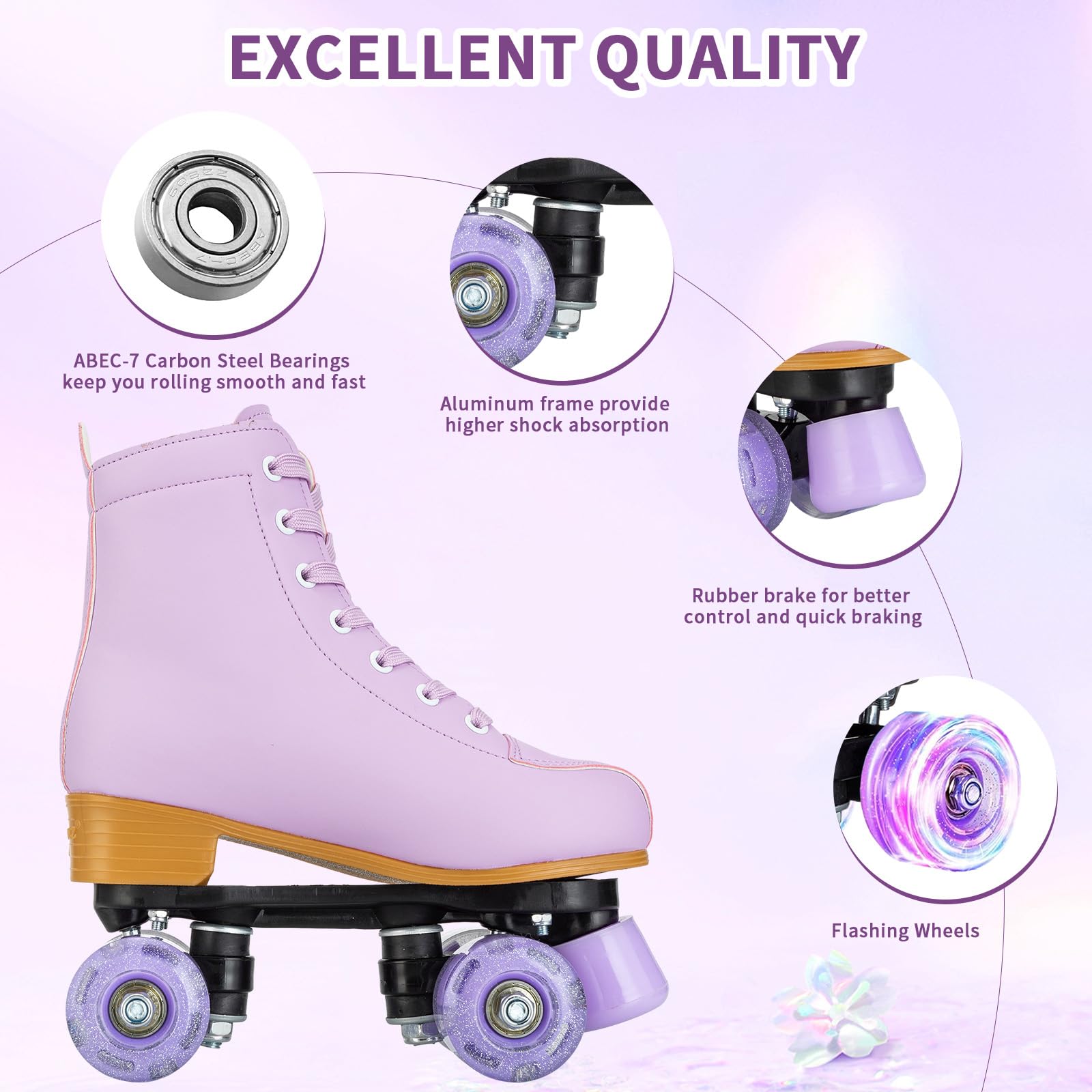 Light Up Roller Skates for Girls & Women - Pink & Purple PU Leather Skates for Beginners Ages 8-12 | Indoor & Outdoor Use for School, Park & Rink