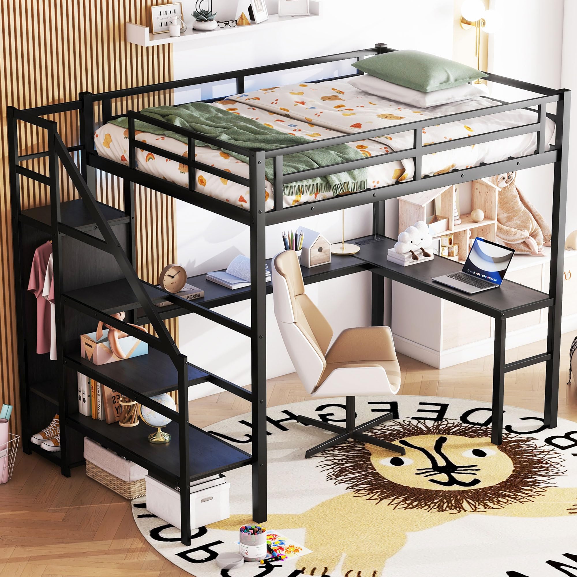 Full Size Loft Bed with Desk, Storage Shelf & Stairs - Space-Saving Metal Loft Bed with Wardrobe, Charging Station & RGB LED Lights for Adults, Teens & Kids | Perfect for Small Bedrooms, Dorms & Studio Apartments (Black)