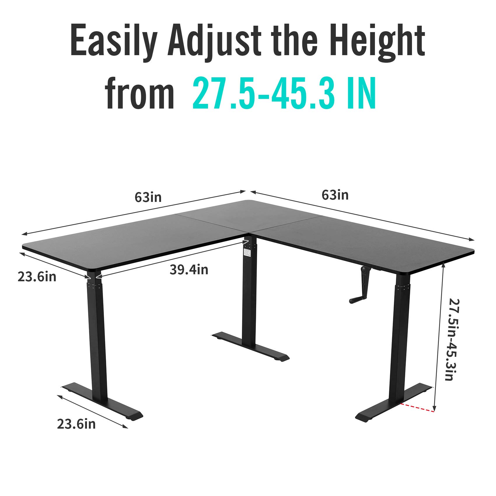 UNICOO L-Shaped Crank Adjustable Height Standing Desk - Black Frame & Top, Sit Stand Corner Workstation for Home & Office | Perfect for Small Spaces & Ergonomic Work Setup