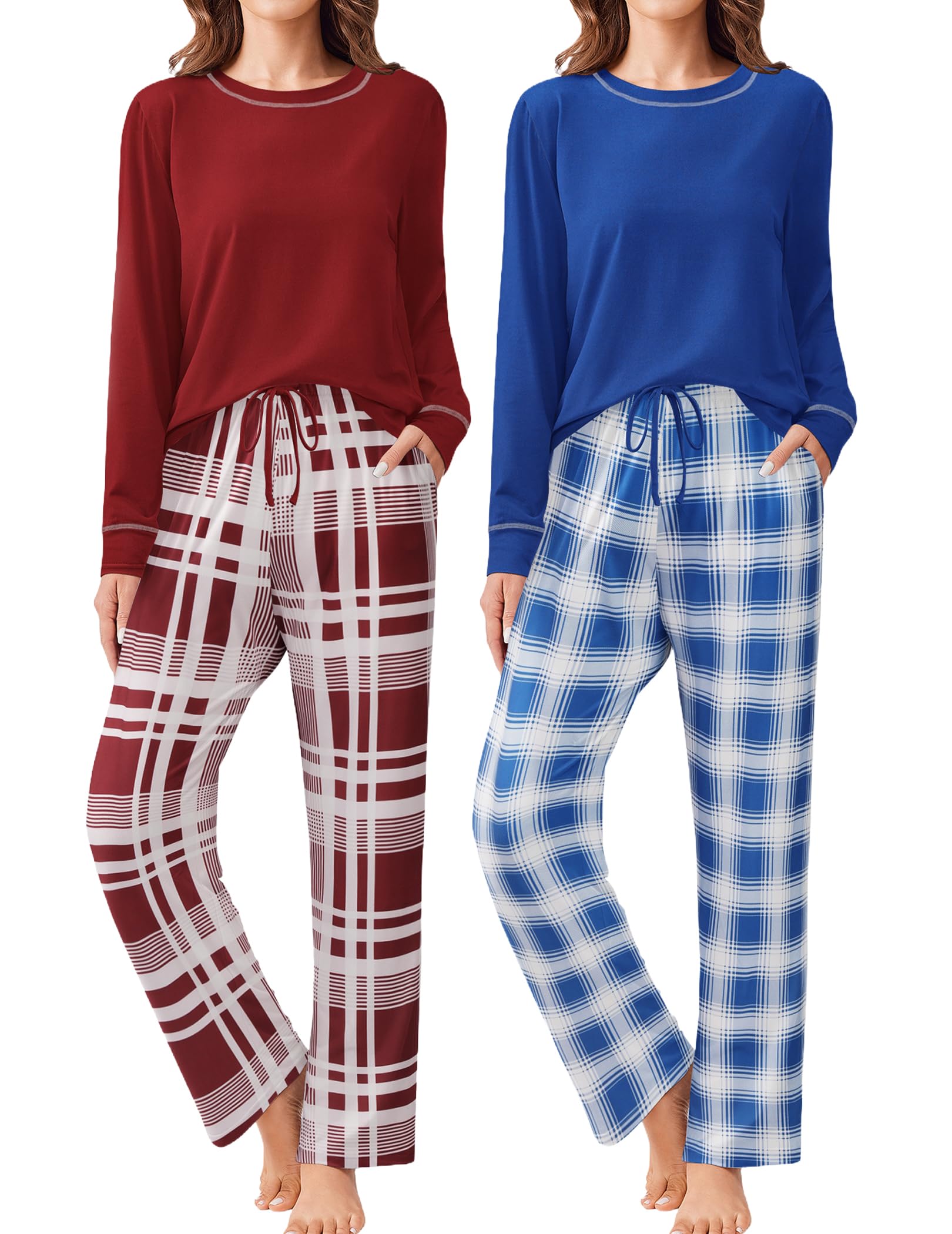 Ekouaer Women's Pajama Set 2 Pack - Soft Long Sleeve Sleepwear with Pockets for Lounge & Sleep S-XXL