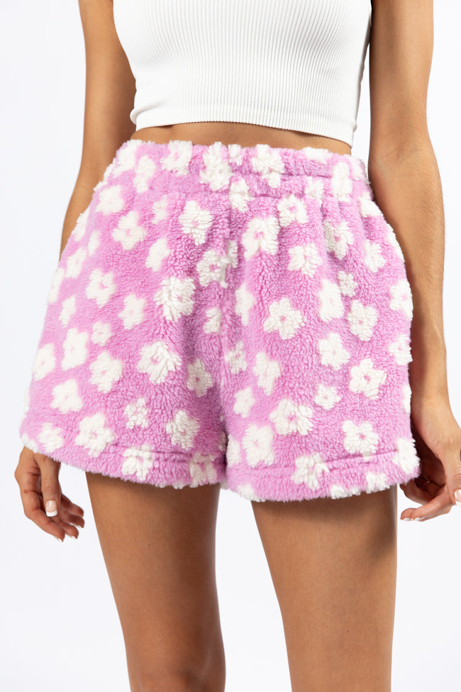 Front Runner Women's Purple Floral Sherpa Pull-On Shorts - Cozy Fleece Lined Winter Lounge Pants for Home, Travel & Casual Wear