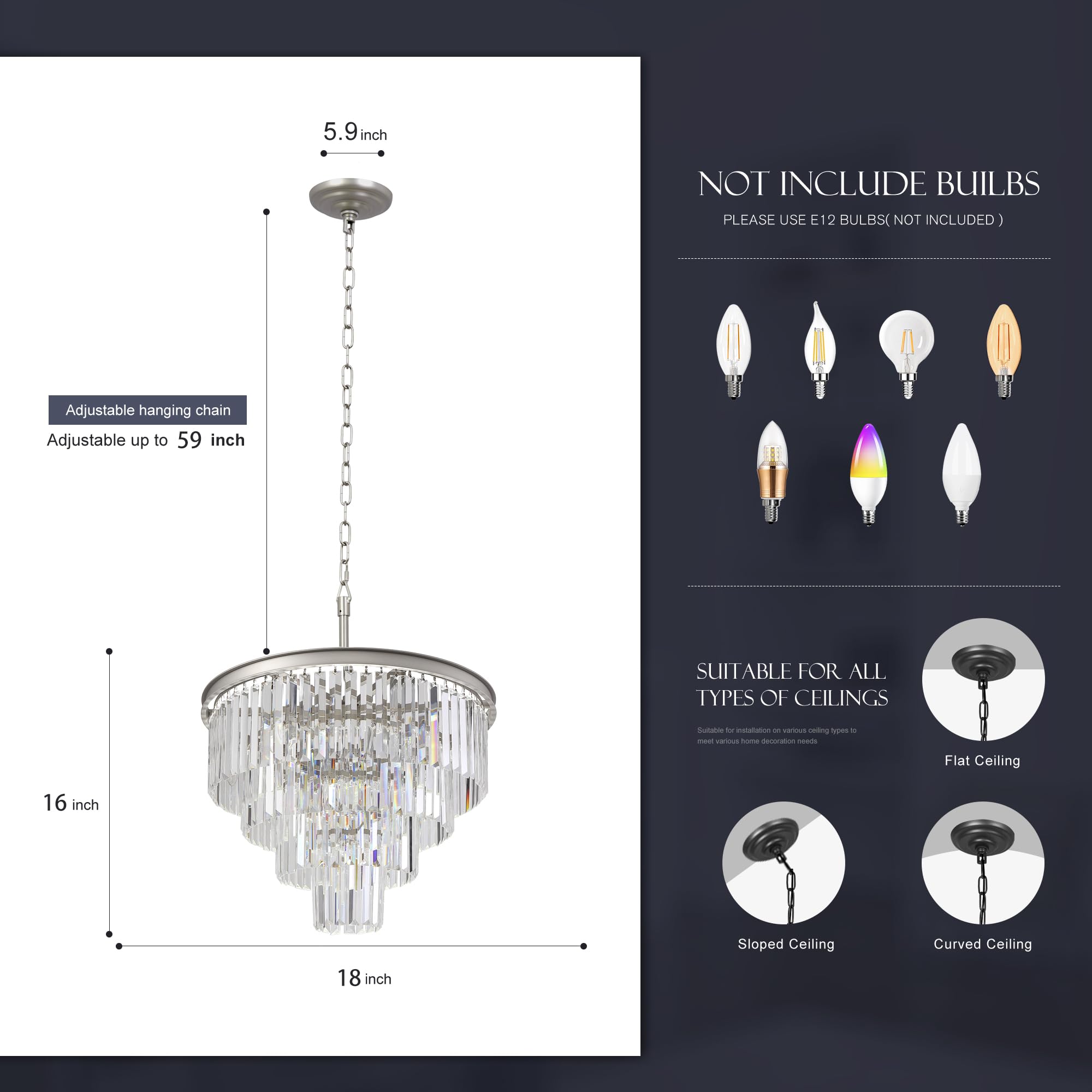 5-Light Crystal Modern Nickel Chandelier - 4-Tier Pendant Ceiling Light Fixture for Dining Room, Living Room, Bedroom & Entryway - Elegant Lighting for Home Decor, Weddings & Special Events