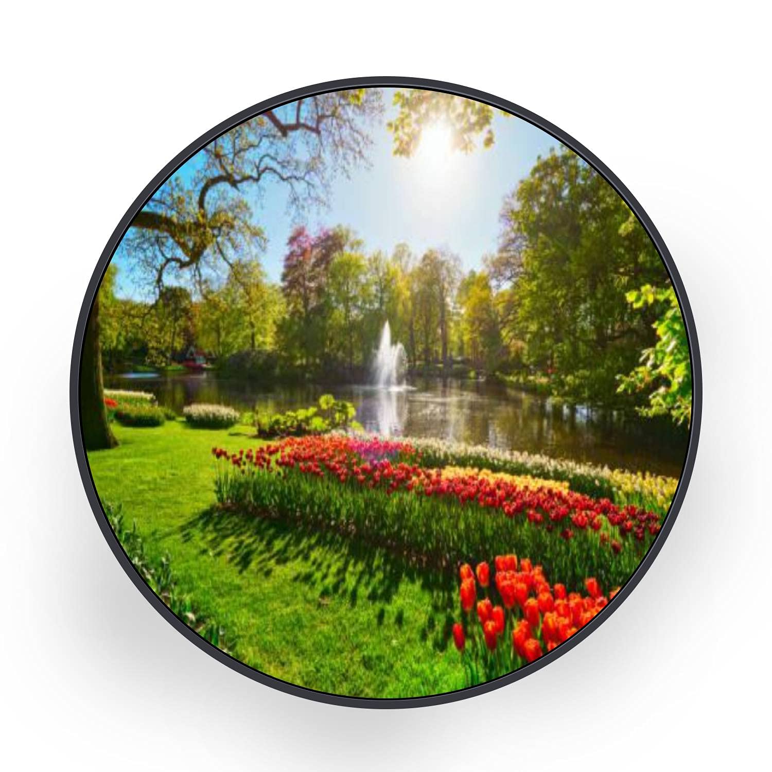 Round Canvas Wall Art - Keukenhof Flower Garden in Lisse Netherlands Landscape Painting - Black Framed Ready to Hang Wall Decor for Bedroom & Living Room - Perfect for Home, Office & Gift Giving