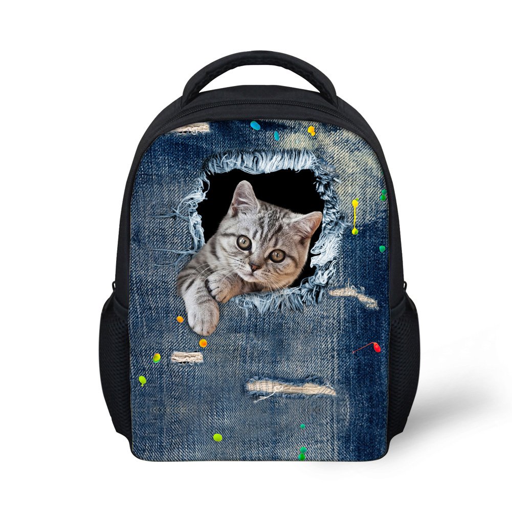 Dellukee Small Toddler Backpack for Boys & Girls - Cute Denim Cat Print Preschool Bag for Daycare, Travel & School Supplies | Lightweight Kids Backpack for Ages 2-5