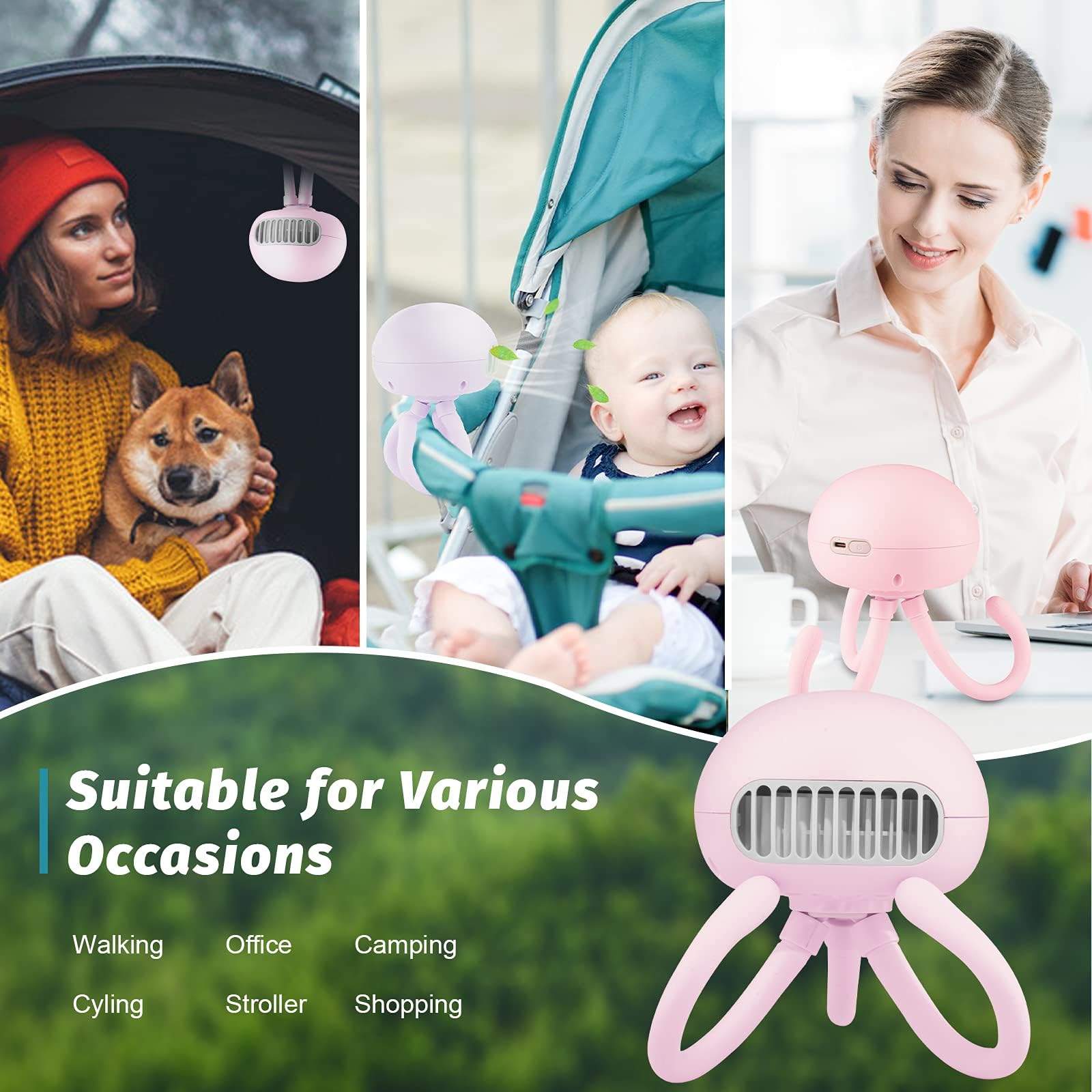 Portable Bladeless Fan - Mini Handheld Fan with Flexible Tripod, 3 Speeds, Rechargeable Battery, Clip-on for Stroller, Car Seat, Crib, Bike & Desk - Perfect for Travel, Office, Baby & Home Use (Pink)