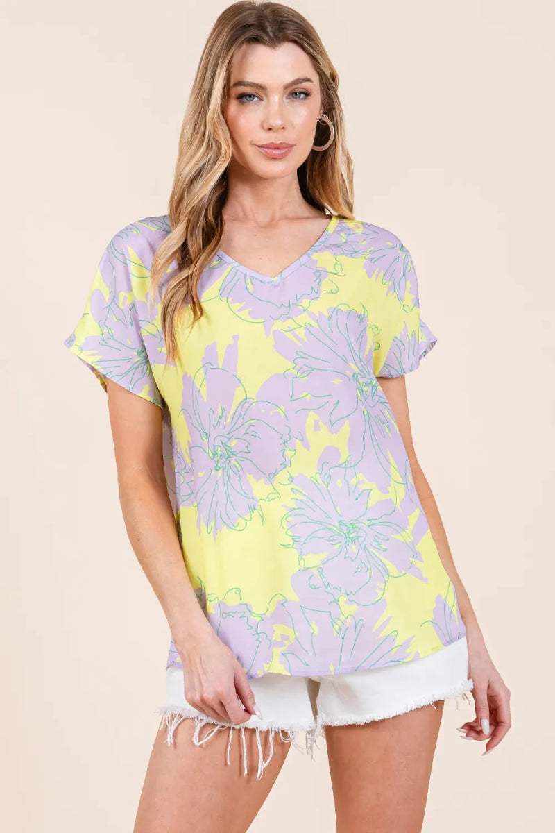 BOMBOM Floral Print Short Sleeve T-Shirt for Women - Casual Chic Summer Top for Outfits, Beach, and Date Nights