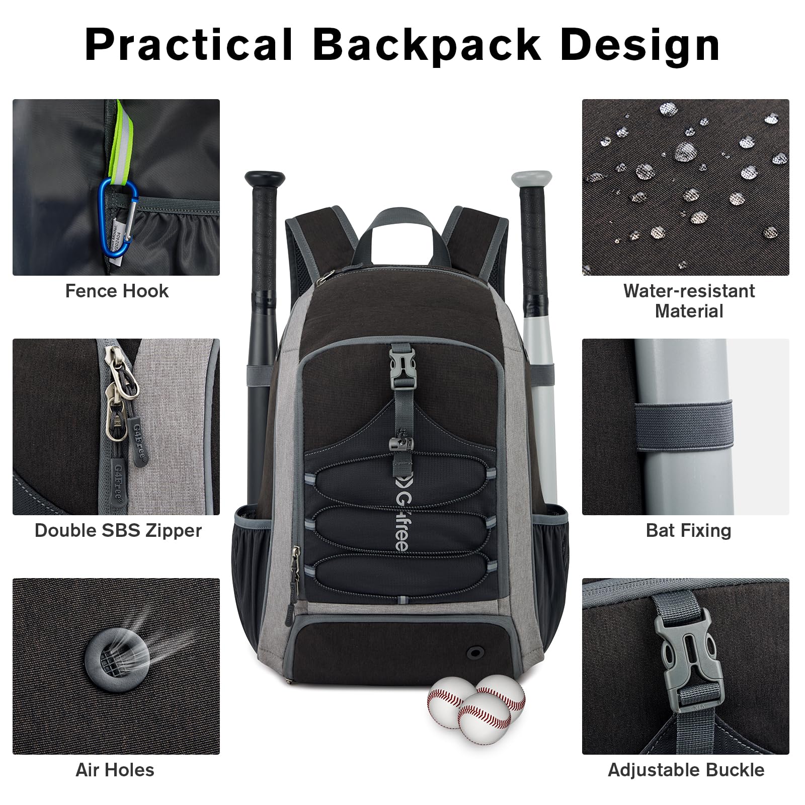 G4Free Youth & Adult Baseball Backpack - Lightweight Softball Bag with Shoe Compartment, Large Bat Storage & Fence Hook | Perfect for T-ball, Little League & Travel Games