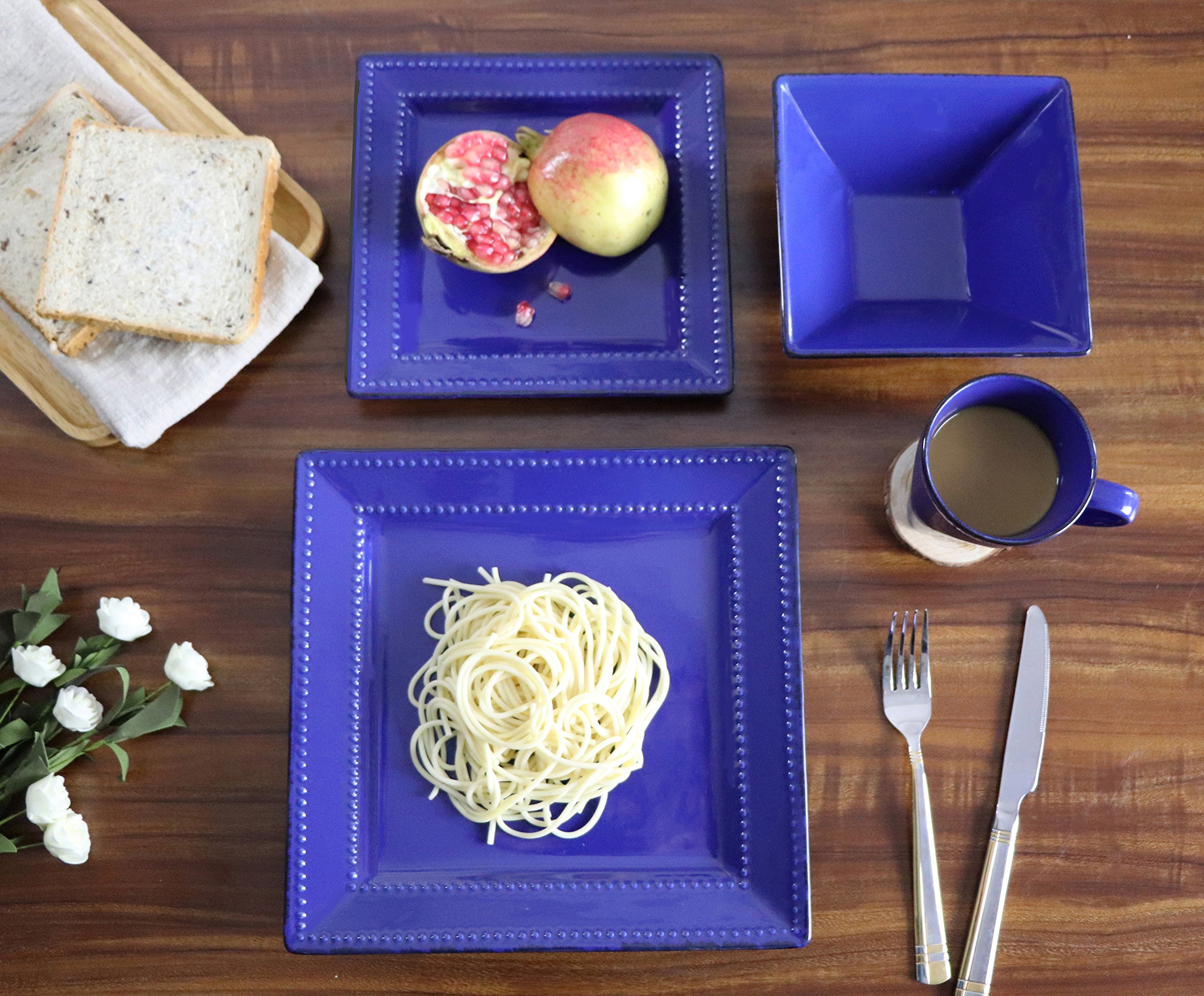 Stylish 16-Piece Square Beaded Stoneware Dinnerware Set - Elegant Blue Tableware for Parties, Events & Home Dining | Durable Ceramic Plates, Bowls & Serving Dishes | Perfect for Entertaining, Wedding Receptions & Family Gatherings