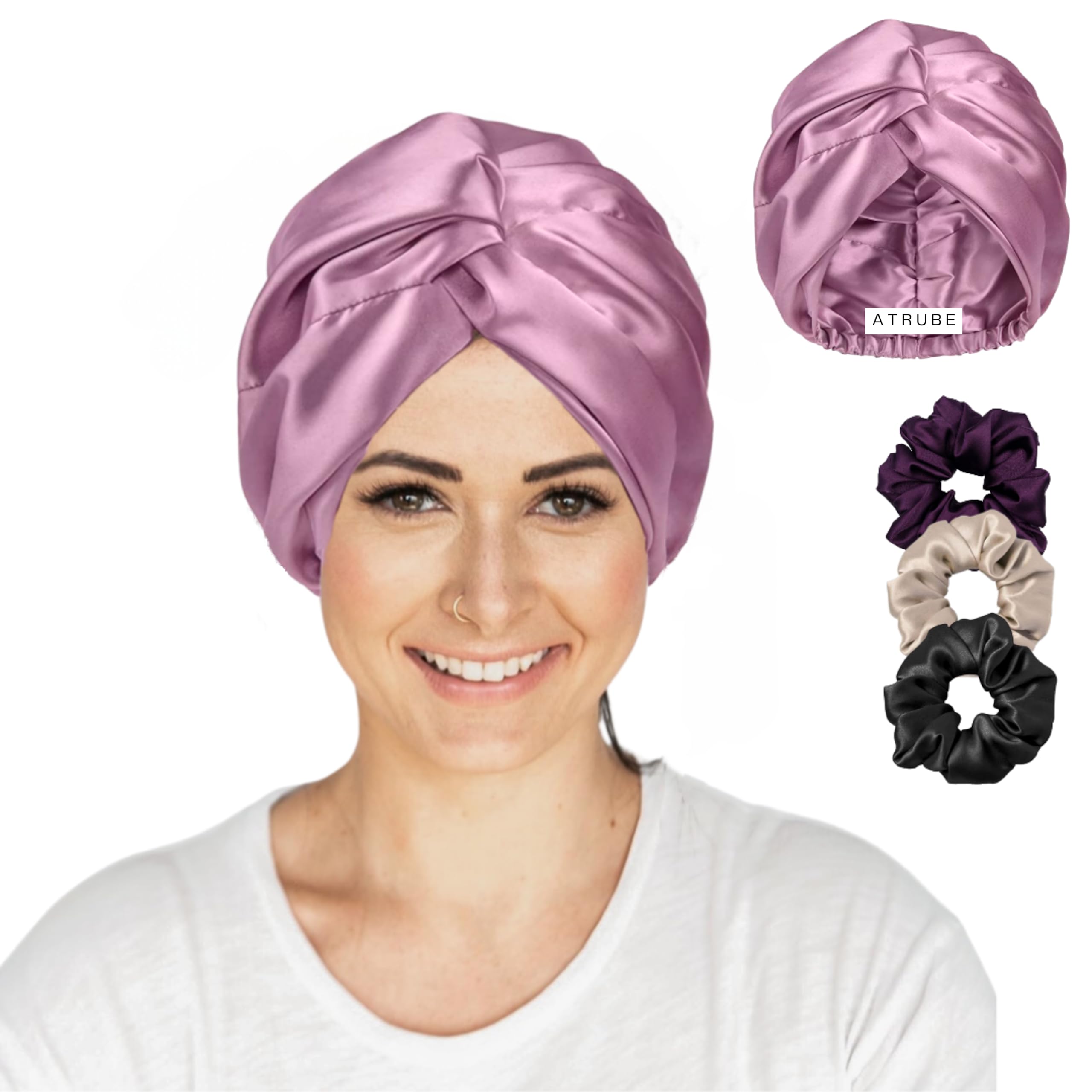 Atrube Reversible Silk Satin Sleep Bonnet for Women - Adjustable Tie Head Wrap with Scrunchies - Purple (21