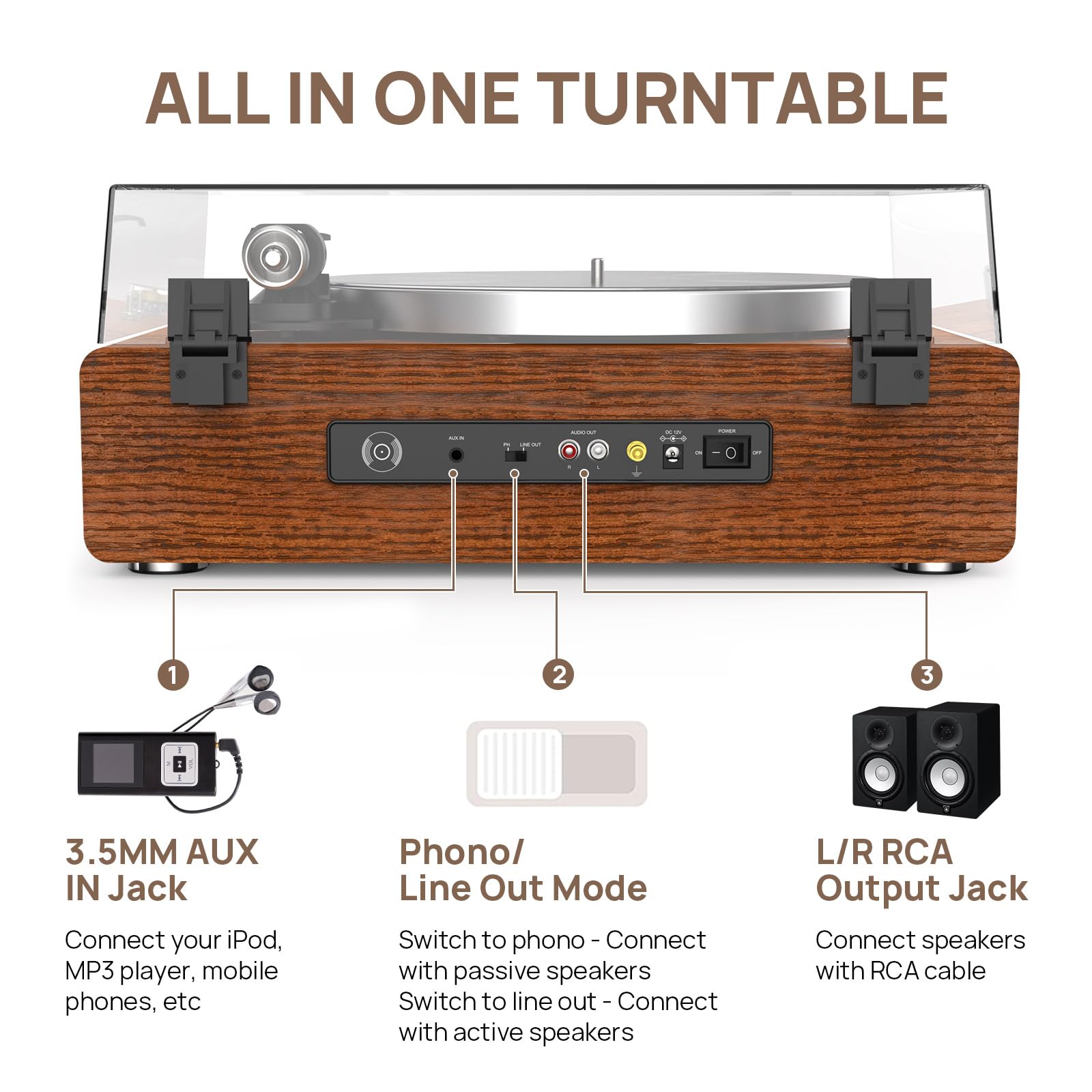 Wireless Bluetooth Turntable with Built-in Speakers - Belt Drive Vinyl Record Player with Auto Stop, 33/45 RPM Speed, RCA & AUX Output - Perfect for Home Entertainment & Vinyl Enthusiasts
