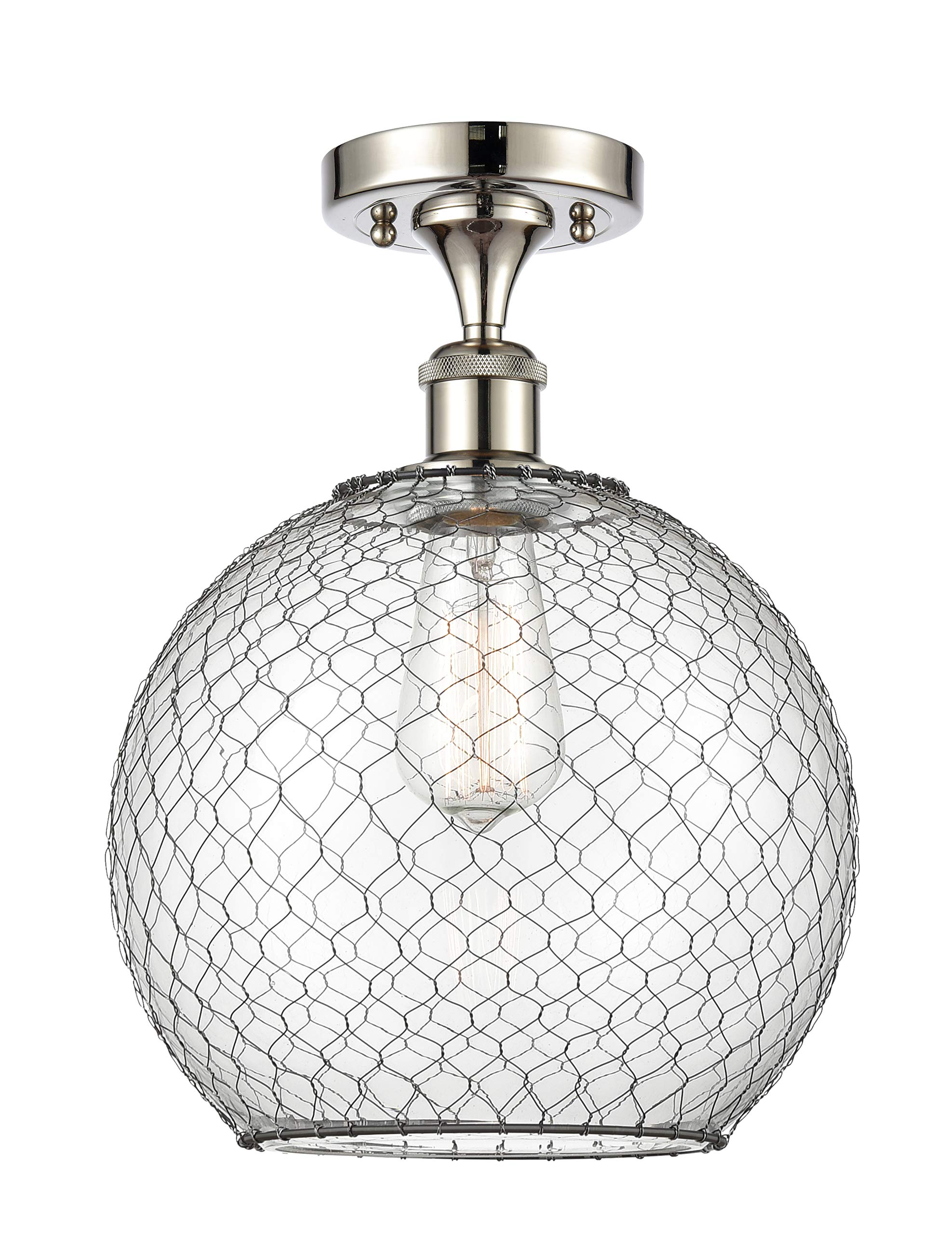 Ballston Collection Large Farmhouse Chicken Wire 1 Light Semi-Flush Mount Ceiling Light in Polished Nickel - Rustic Kitchen Pendant Lighting for Dining Room, Bedroom, or Entryway