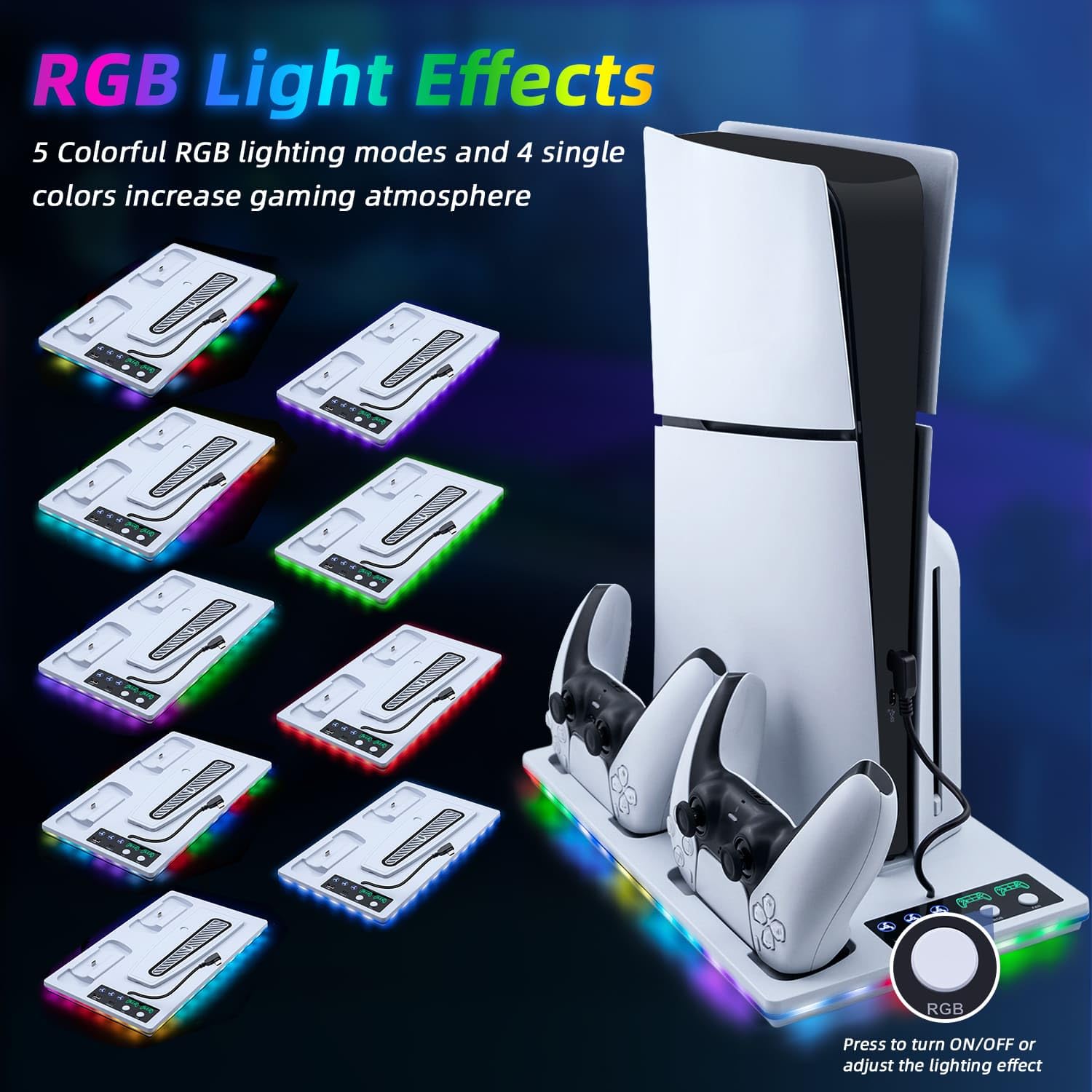 PS5 Cooling Station with RGB Lights & Dual Controller Charger - Compatible with PS5/PS5 Slim/PS5 Pro - Includes Cooling Fan, Charging Dock & 2 USB Ports - Perfect for Gaming Setup & Console Protection