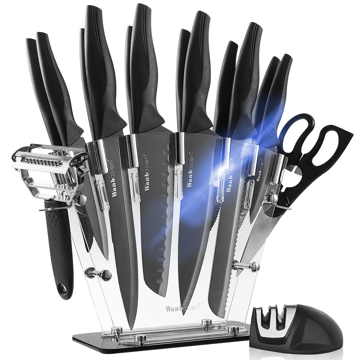Wanbasion 16-Piece Black Stainless Steel Kitchen Knife Set with Acrylic Block & Sharpener – Professional Chef Knives for Cooking, Slicing, and Food Prep