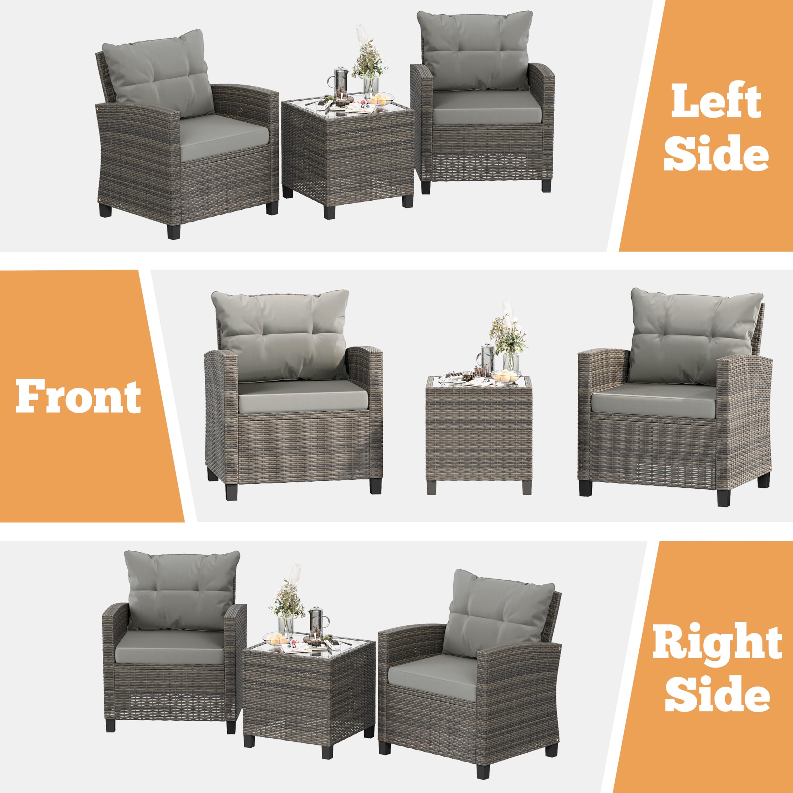 Shintenchi 3-Piece Patio Furniture Set - PE Rattan Wicker Chairs with Table, Outdoor Dining Set for Backyard, Garden, Poolside - Gray Rattan with Gray Cushion | Perfect for Outdoor Entertaining, Relaxing & Dining Al Fresco