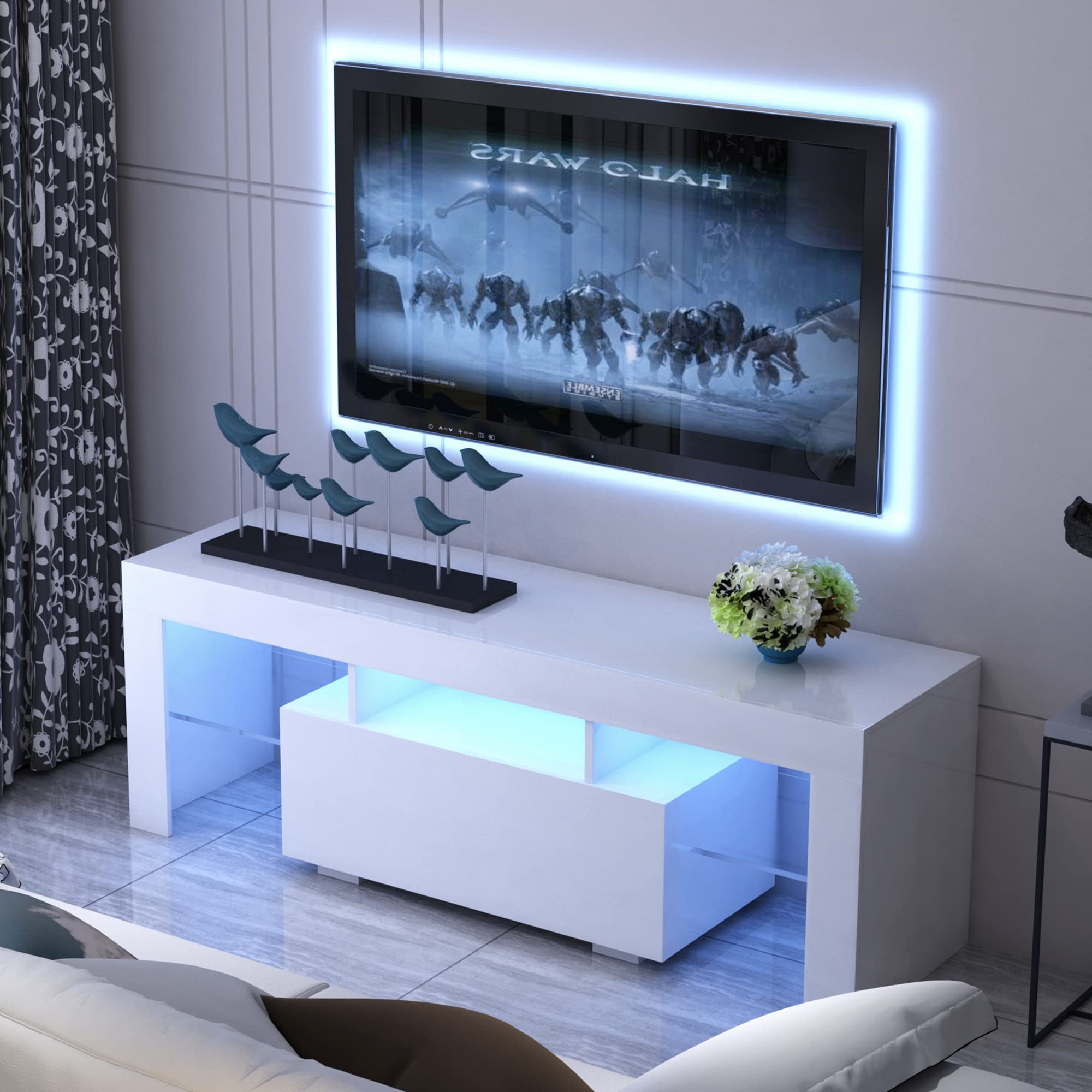 60 Inch LED TV Stand with Shelves & Drawer - Modern High Gloss Entertainment Center for Living Room & Bedroom - White TV Console for Wall Mounted Flat Screens, Perfect for Home Theater Setup & Media Storage