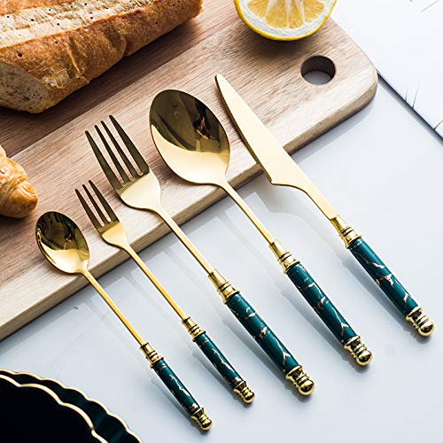24-Piece Stainless Steel Silverware Set with Ceramic Marble Handles - Dishwasher Safe Flatware Cutlery for Dinner Parties, Weddings, and Everyday Use (White)
