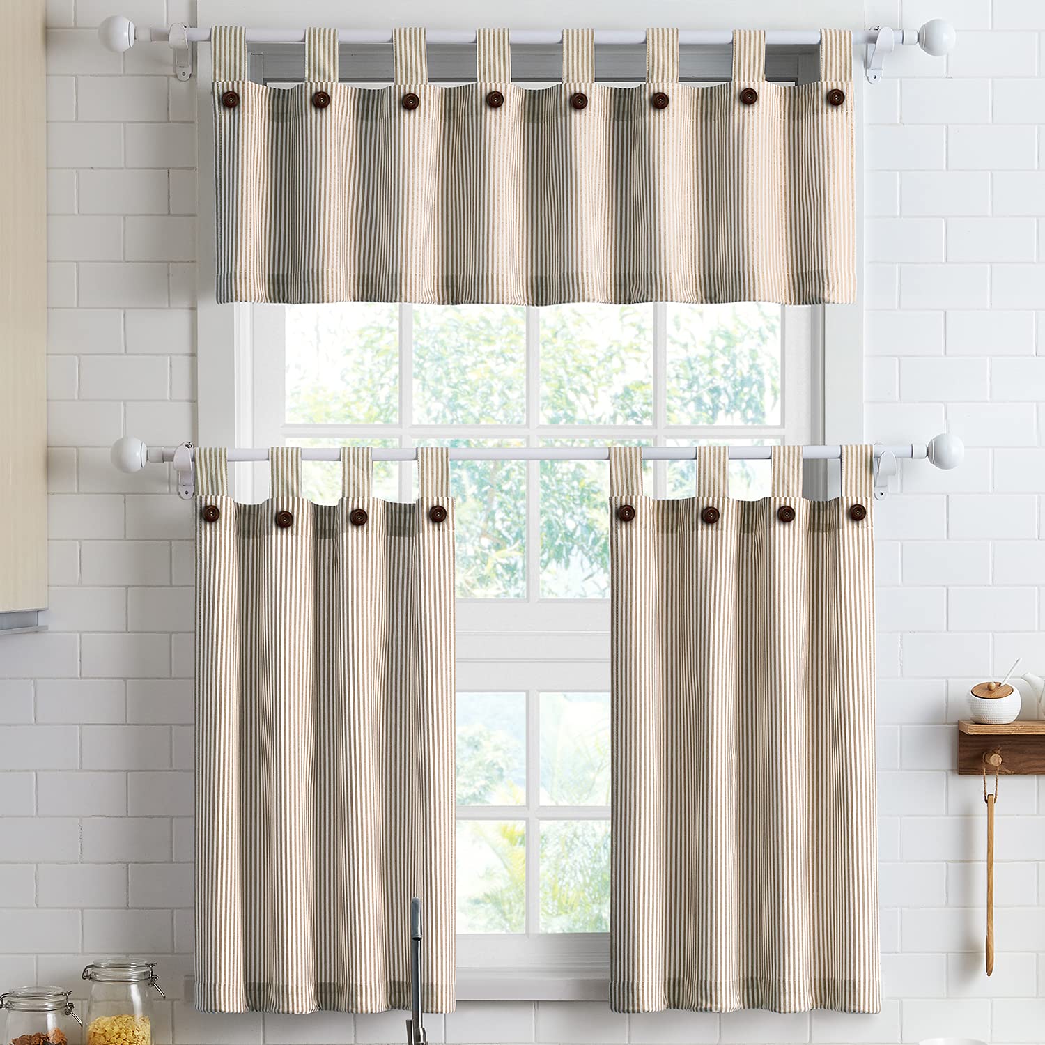 July Joy 3-Piece Cotton Tier Curtains Set - 36 Inch Length, 56 Inch Width - Farmhouse Style Kitchen & Bathroom Window Curtains with Tab Top - Breathable Linen Fabric for Small Windows - Perfect for Country, Cottage & Rustic Home Decor