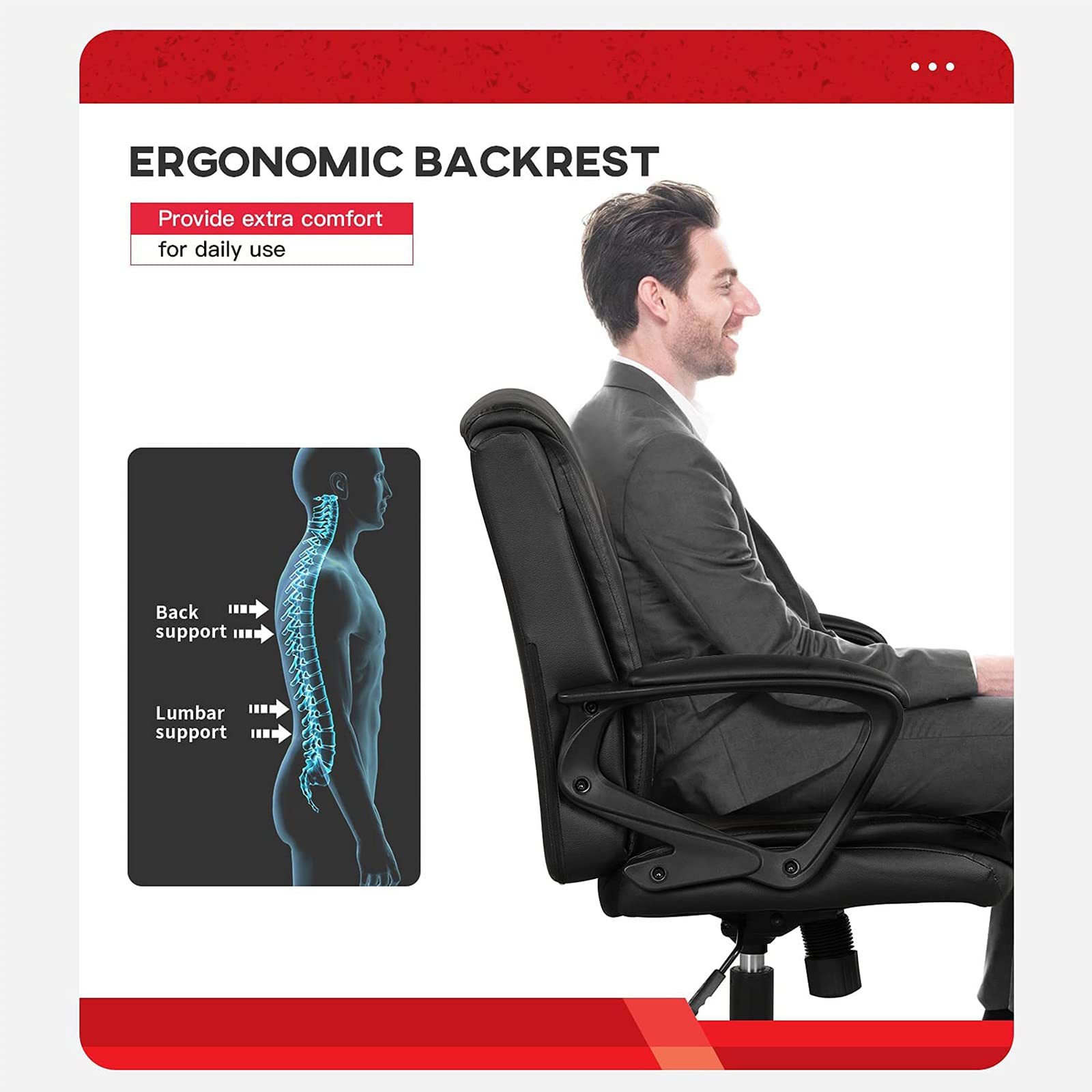 Ergonomic Home Office Chair - Adjustable Height PU Leather Desk Chair with Lumbar Support & Armrests - Mid Back Executive Swivel Rolling Task Chair for Computer Work (Black) - Perfect for Long Work Hours, Gaming, and Remote Work Setup
