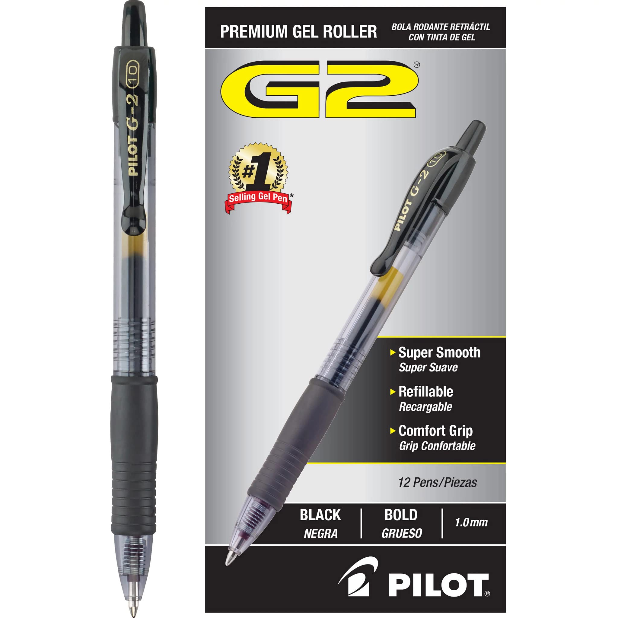 Premium G2 Gel Roller Pens - 12 Pack Black 1mm Bold Point - Smooth Writing for Office, School & Note Taking - Pilot G2 Refillable Gel Pens