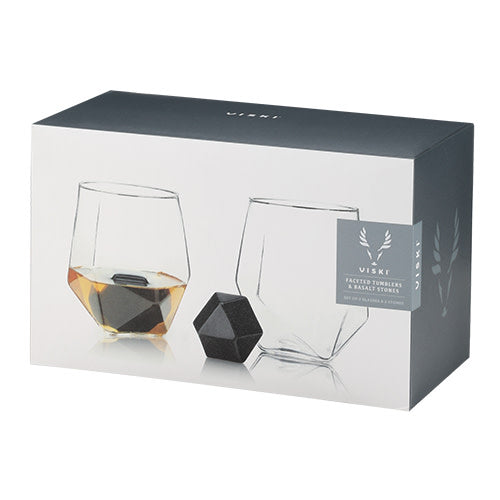 Premium Seneca Faceted Crystal Tumbler & Basalt Hexagon Stone Set - Elegant Whiskey Glasses & Cocktail Stones for Home Bar, Wedding Gifts & Luxury Entertaining