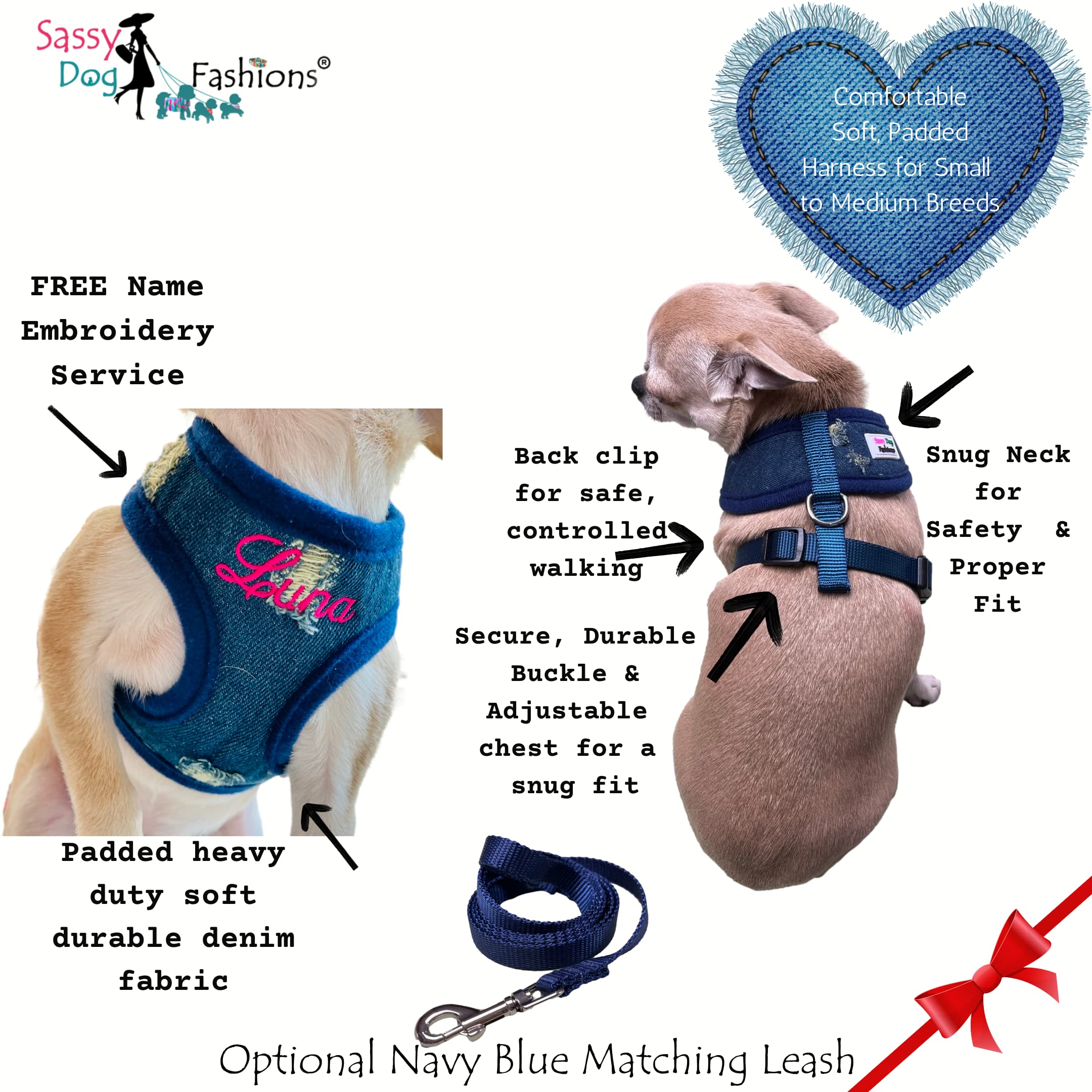Custom Embroidered Dog Harness - Adjustable Soft Padded Denim Pet Vest for Small to Large Dogs | No-Pull Design | Made in USA (X-Small) | Perfect for Walks, Training & Outdoor Adventures