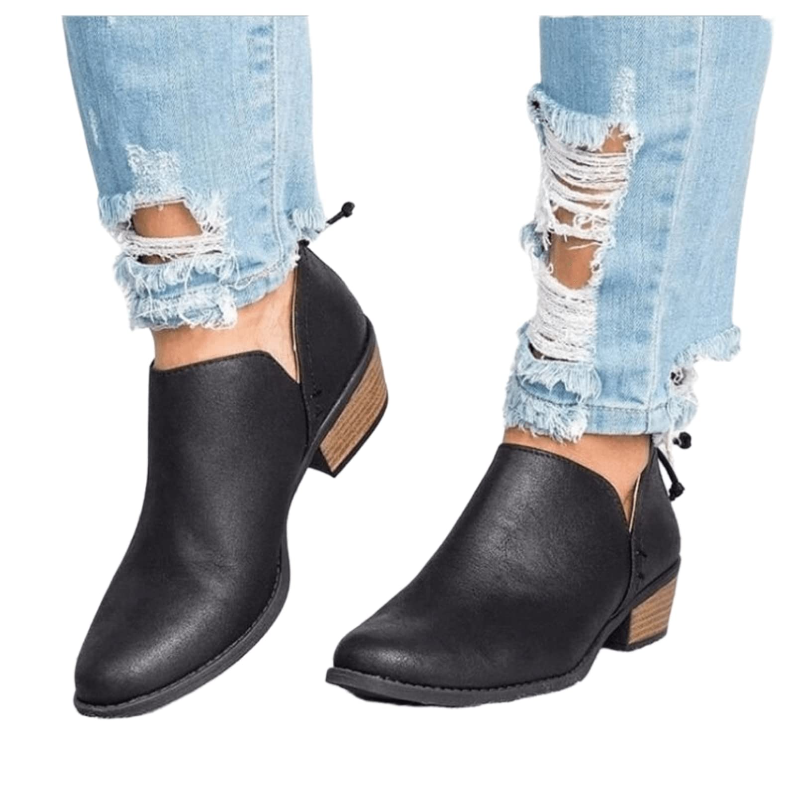 Lausiuoe Women's Ankle Booties - Sexy Low Heel Chunky Platform Boots for Casual & Dressy Outfits | Slip-On Cutout Design for Wide Feet | Perfect for Office, Date Night & Fall Fashion