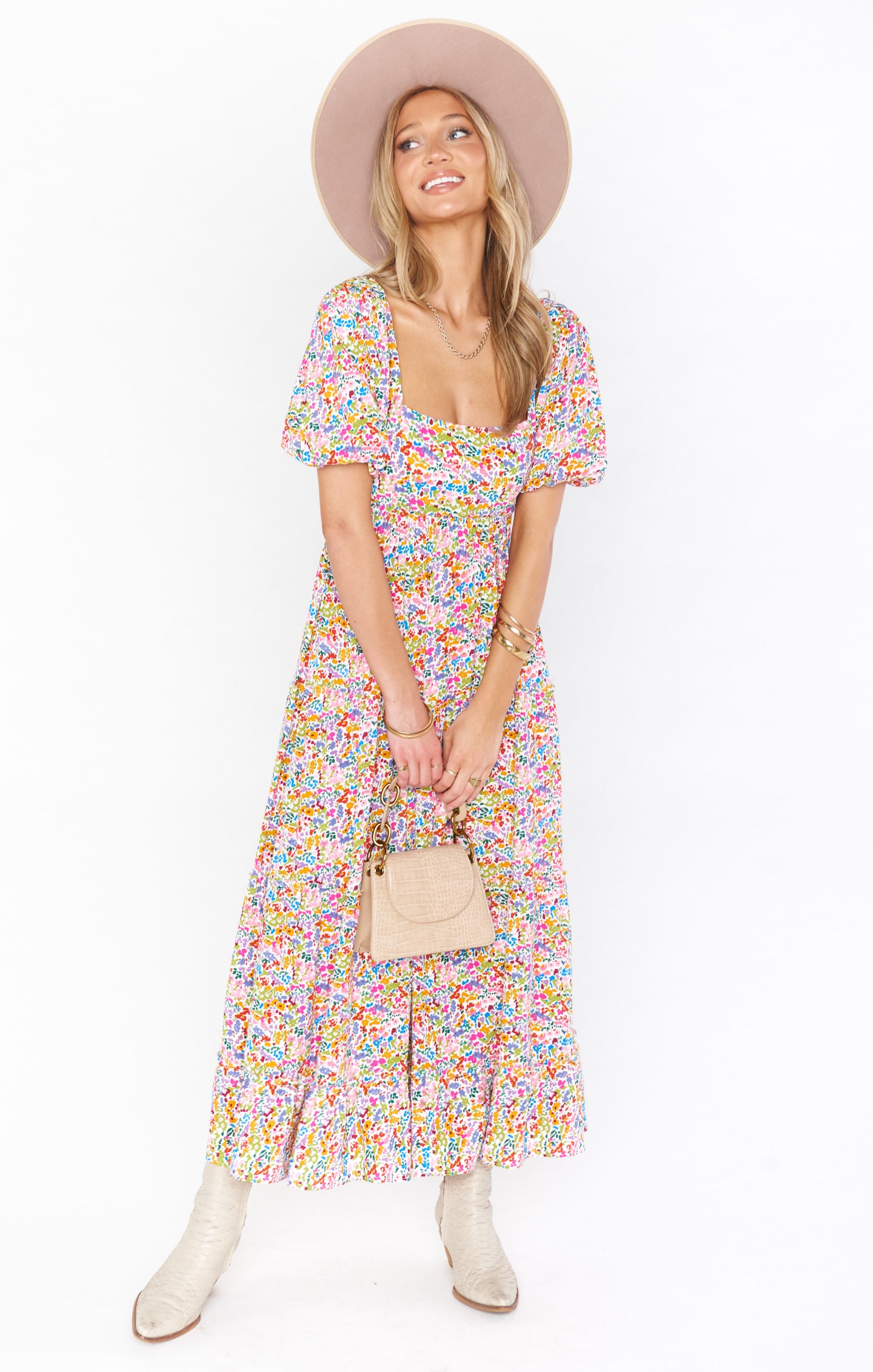 Linds Midi Dress - Rainbow Fields Floral Print Summer Dress | Perfect for Beach Vacations, Brunch Dates & Outdoor Weddings