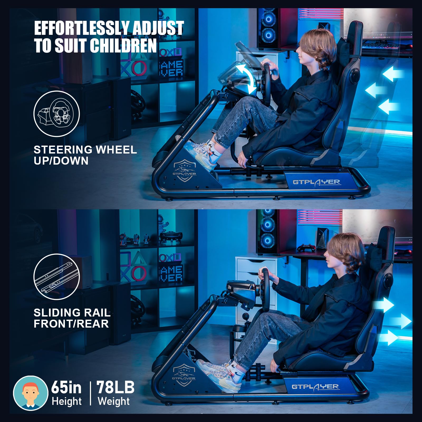 GTPLAYER Racing Simulator Cockpit with Adjustable Seat & Bluetooth Speakers - Ultra-Sturdy Alloy Steel Frame for Realistic Driving Experience - Perfect for PC/PS4/PS5/Xbox Racing Games & Home Entertainment Setup (Black)