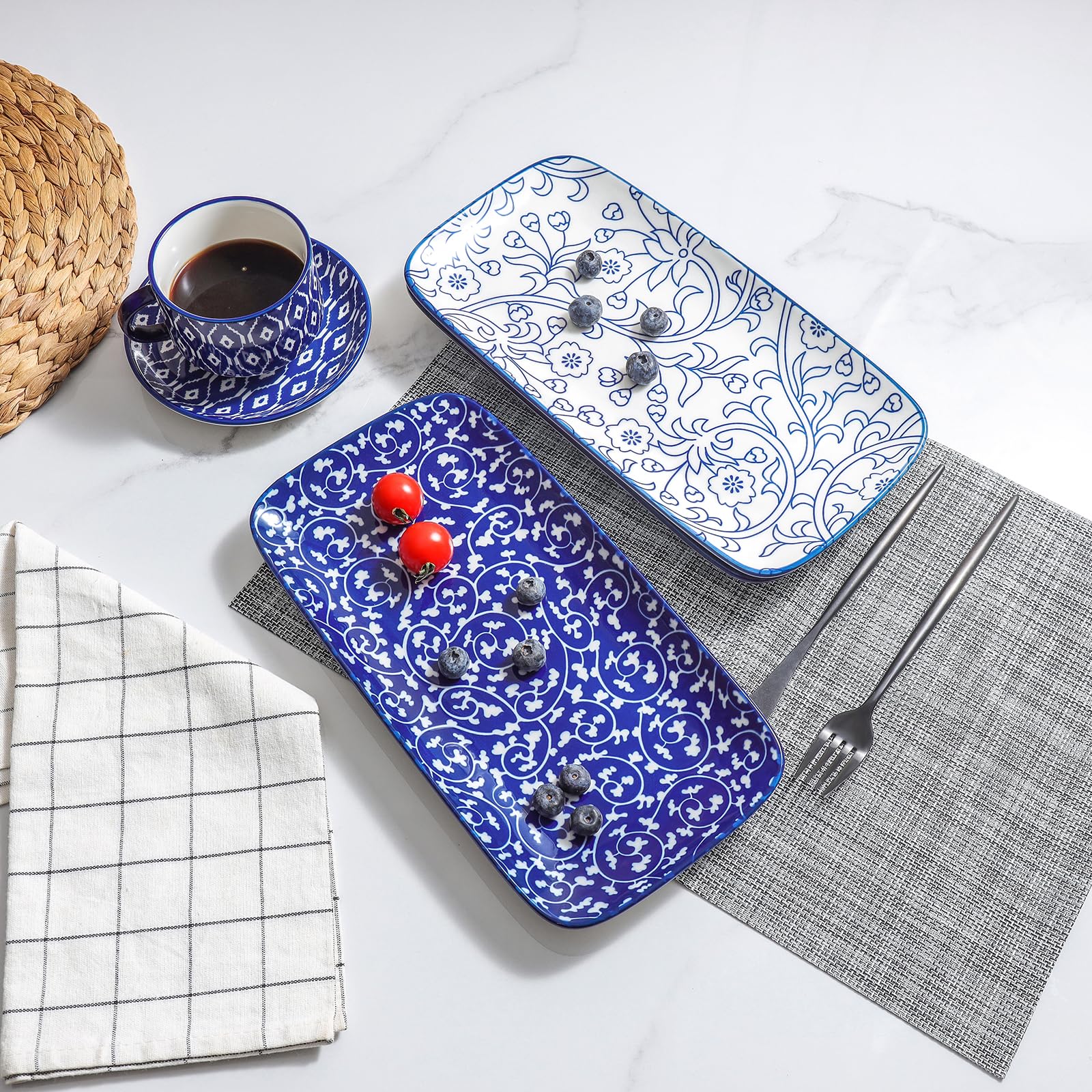 Selamica 12 Inch Ceramic Serving Platters - Set of 6 Large Rectangular Party Trays for Food Display, Appetizers & Entertaining - Vintage Blue Dinnerware for Weddings, Buffets & Holiday Gatherings