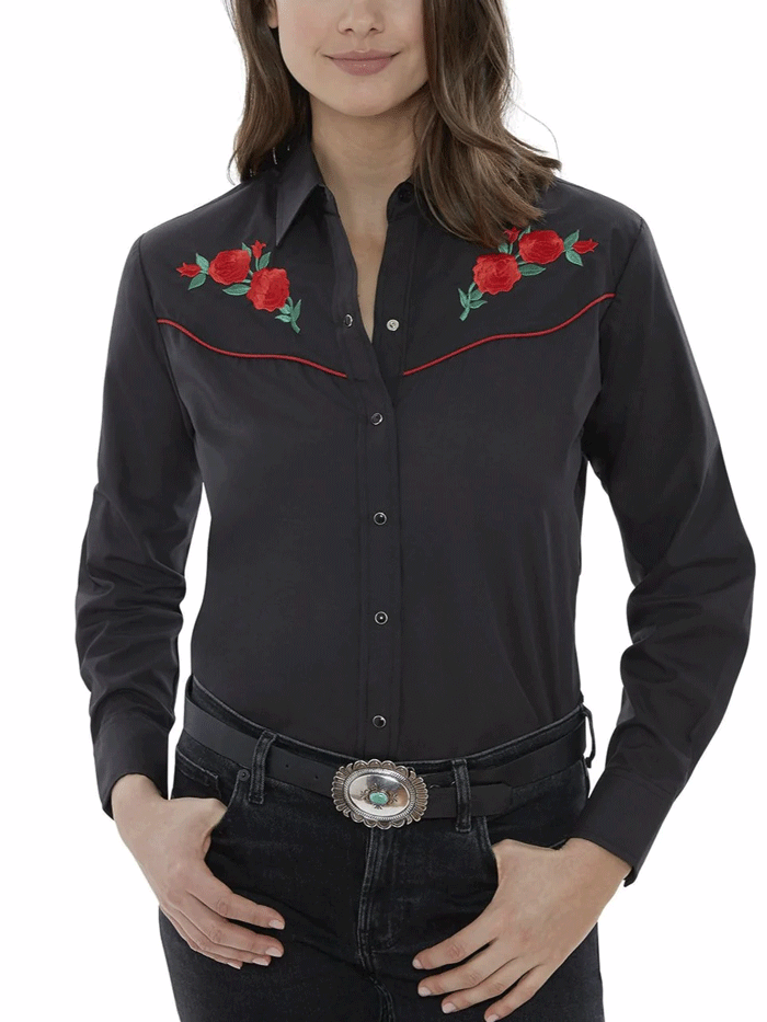Ely Cattleman 15303801 Women's Western Shirt - Black with Red Rose Embroidery, Long Sleeve Cowgirl Shirt for Rodeo, Country Music Festivals & Western Fashion