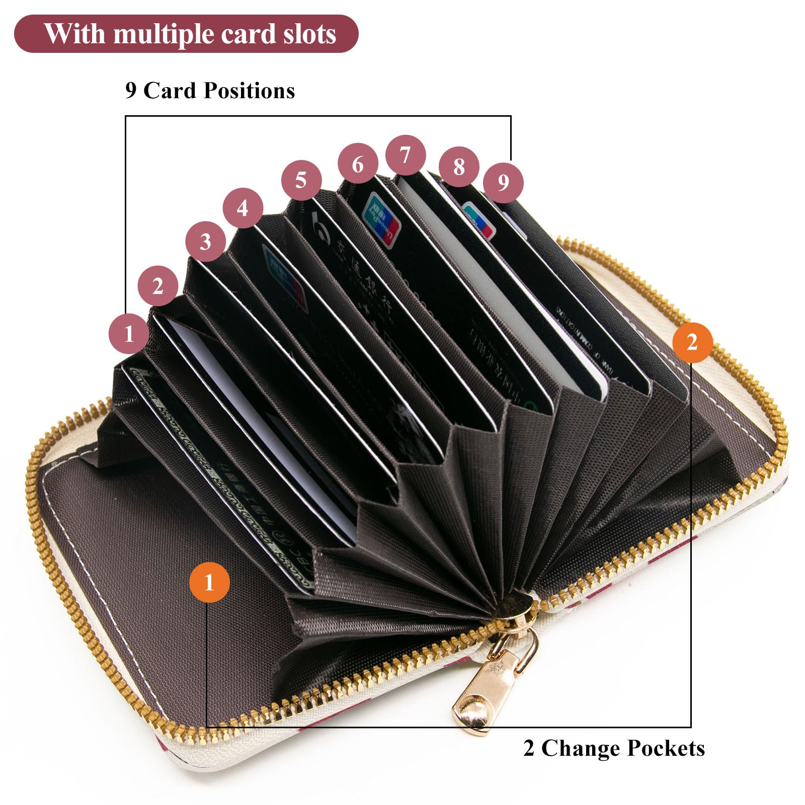 LJCZKA Women's RFID Blocking Credit Card Holder - Slim Zipper Wallet with 9 Card Slots & 2 Compartments | Compact Purse for Everyday Use, Travel & Business Essentials