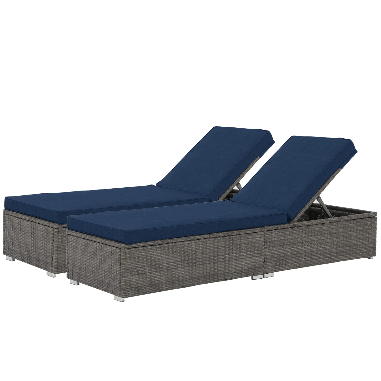 Verano Garden Outdoor Chaise Lounge Patio Pool Lounge Chairs - 2-Pack Wicker Rattan Reclining Folding Loungers with Adjustable Backrest & Removable Dark Blue Cushions - Perfect for Poolside, Beach, Backyard & Patio Relaxation