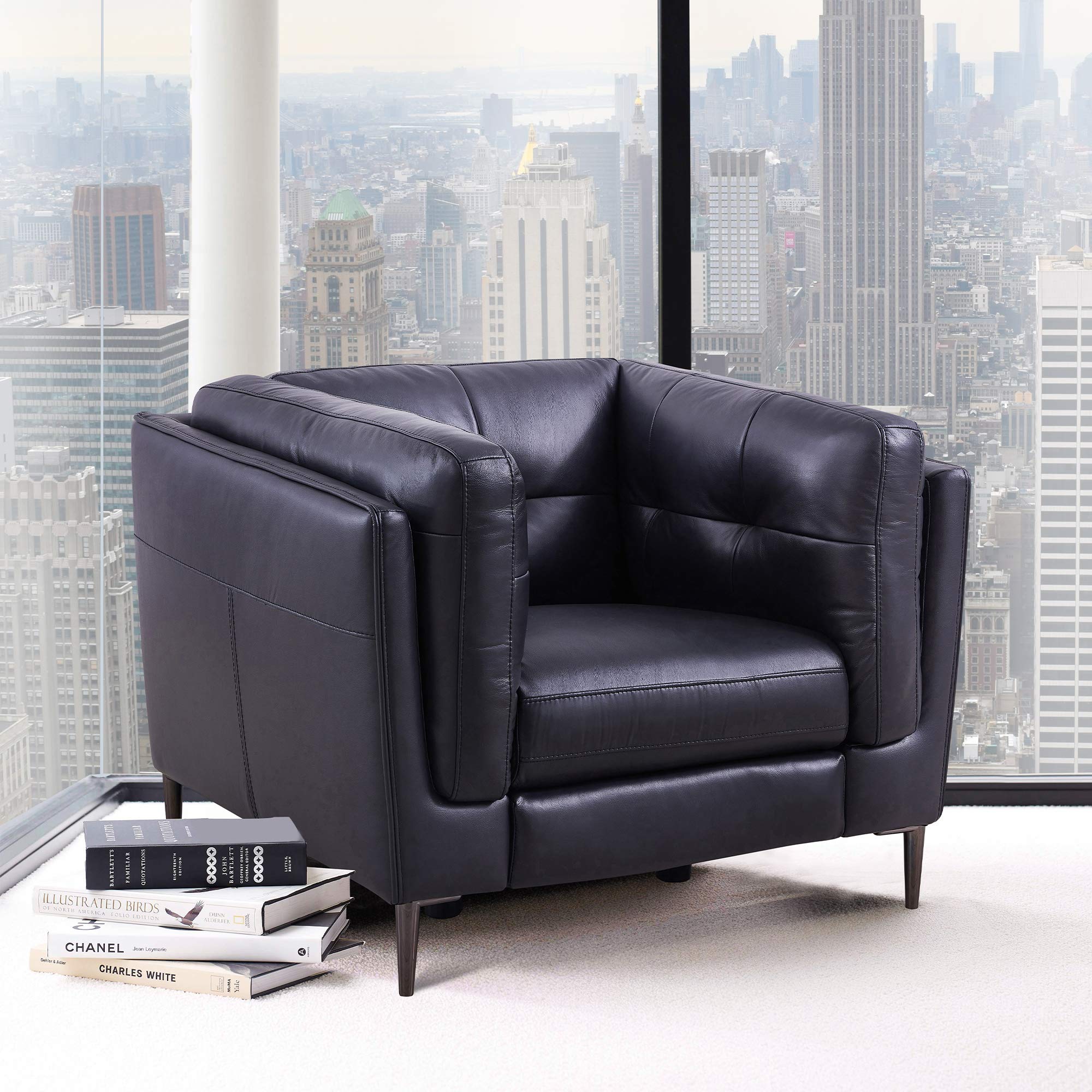 Armen Living Primrose Modern Top Grain Leather Power Recliner Chair - Navy Blue Accent Chair for Living Room | Comfortable Electric Recliner for Home Theater, Gaming & Relaxation