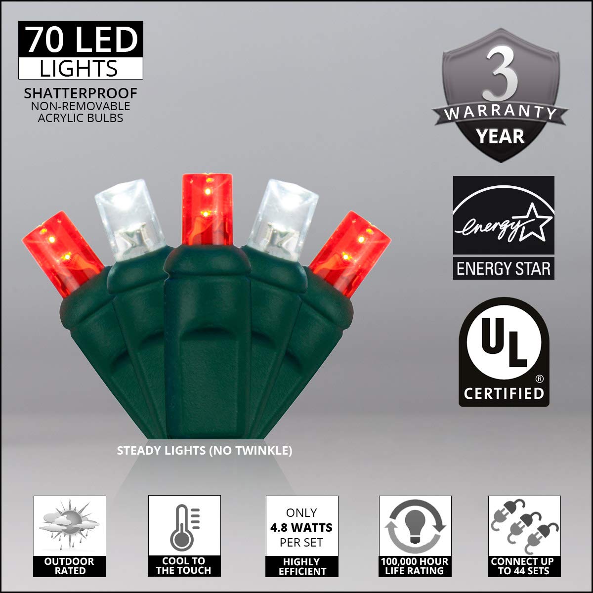 70 LED Red and White Mini Christmas Lights - 24ft Waterproof String Lights for Outdoor Trees, Indoor Holiday Decor, Party & Wedding Decoration